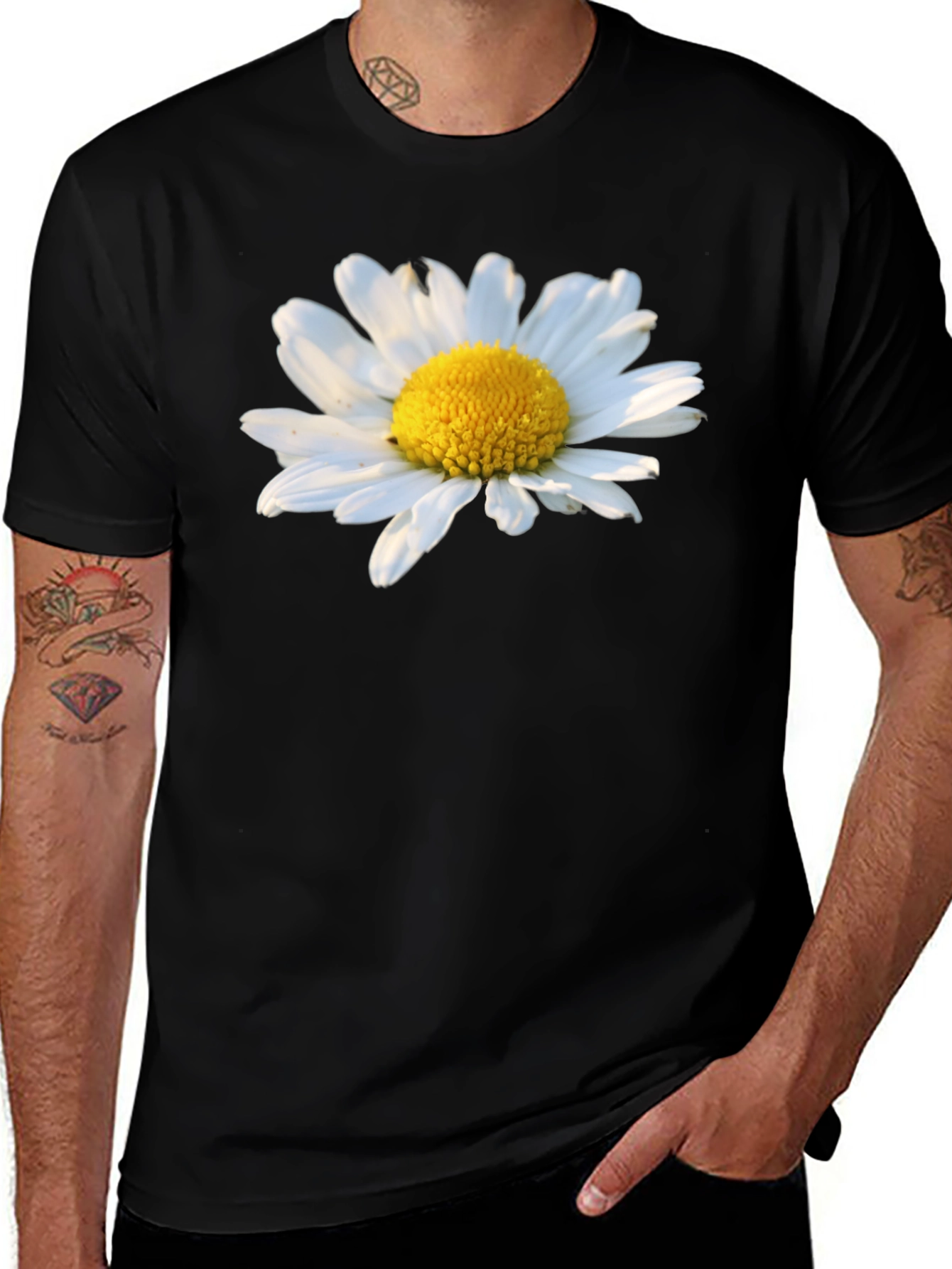 Variant 10 of Daisy Flower Graphic Tee - Black Cotton T-Shirt