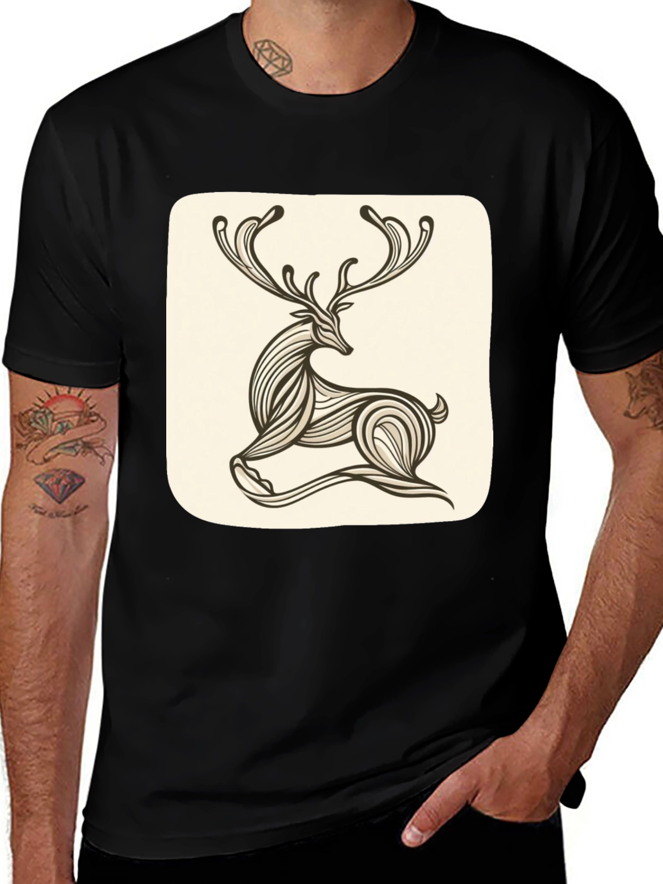 Variant 12 of Stylish Deer Graphic Tee - Black Cotton Blend