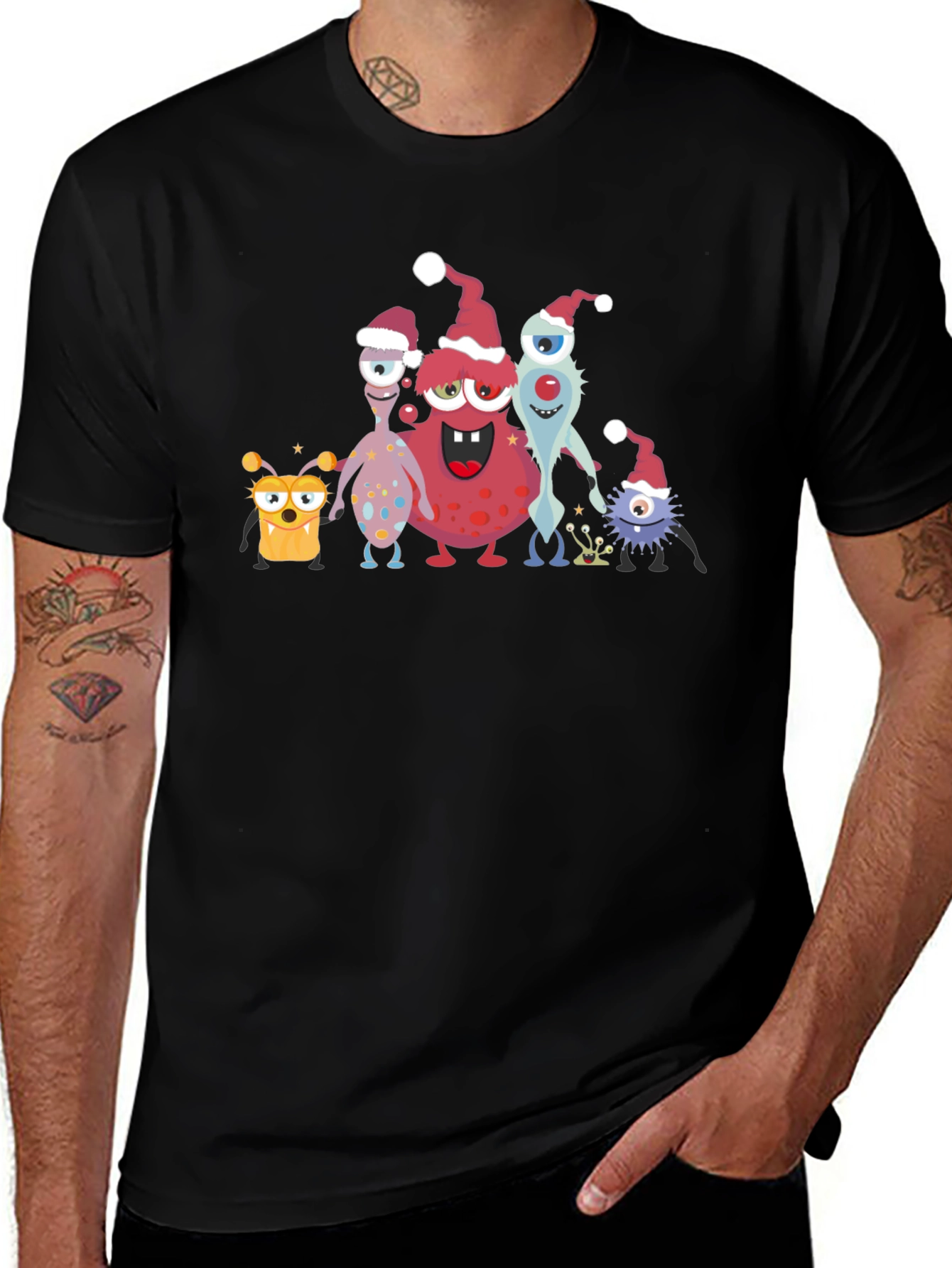 Variant 5 of Fun Cartoon Monster Christmas Holiday Black T-Shirt