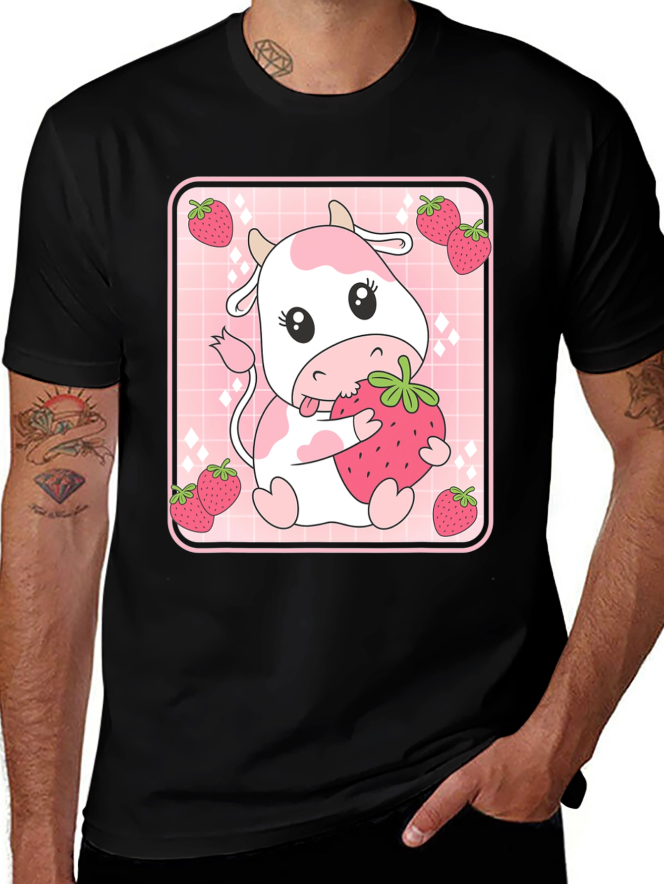 Black Strawberry Cow T-Shirt - Cute Kawaii Design main image