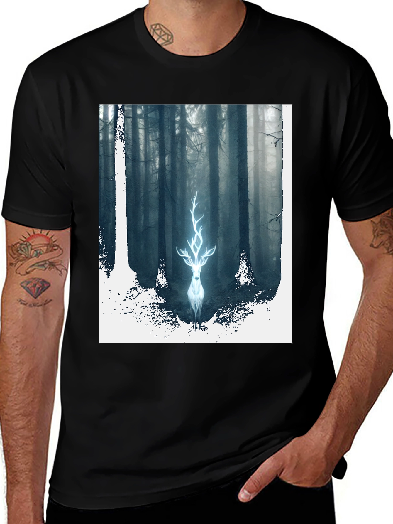 Black Mystic Forest Deer Graphic Tee - Black Cotton Blend main image