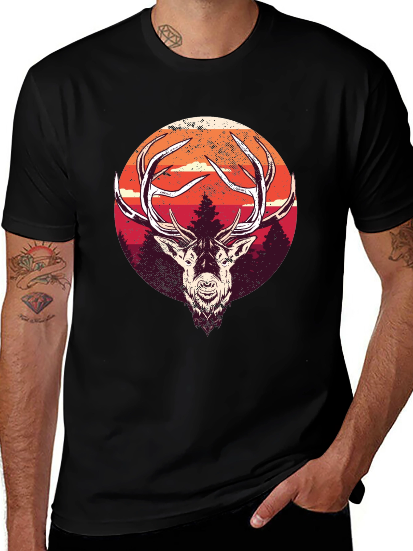Variant 20 of Deer Graphic Tee - Men's Black Crew Neck T-Shirt