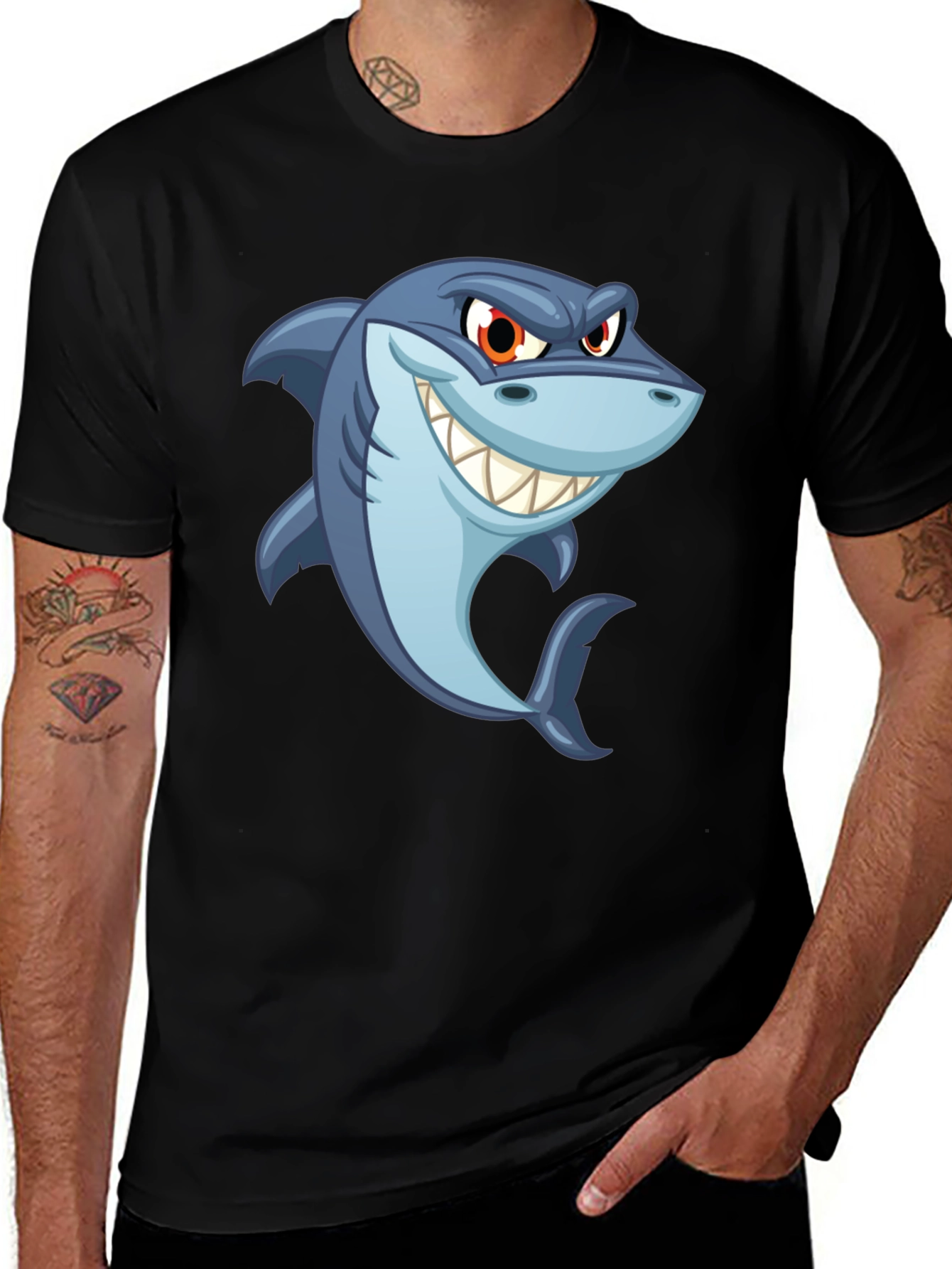 Variant 28 of Men's Black Shark Cartoon Graphic T-Shirt