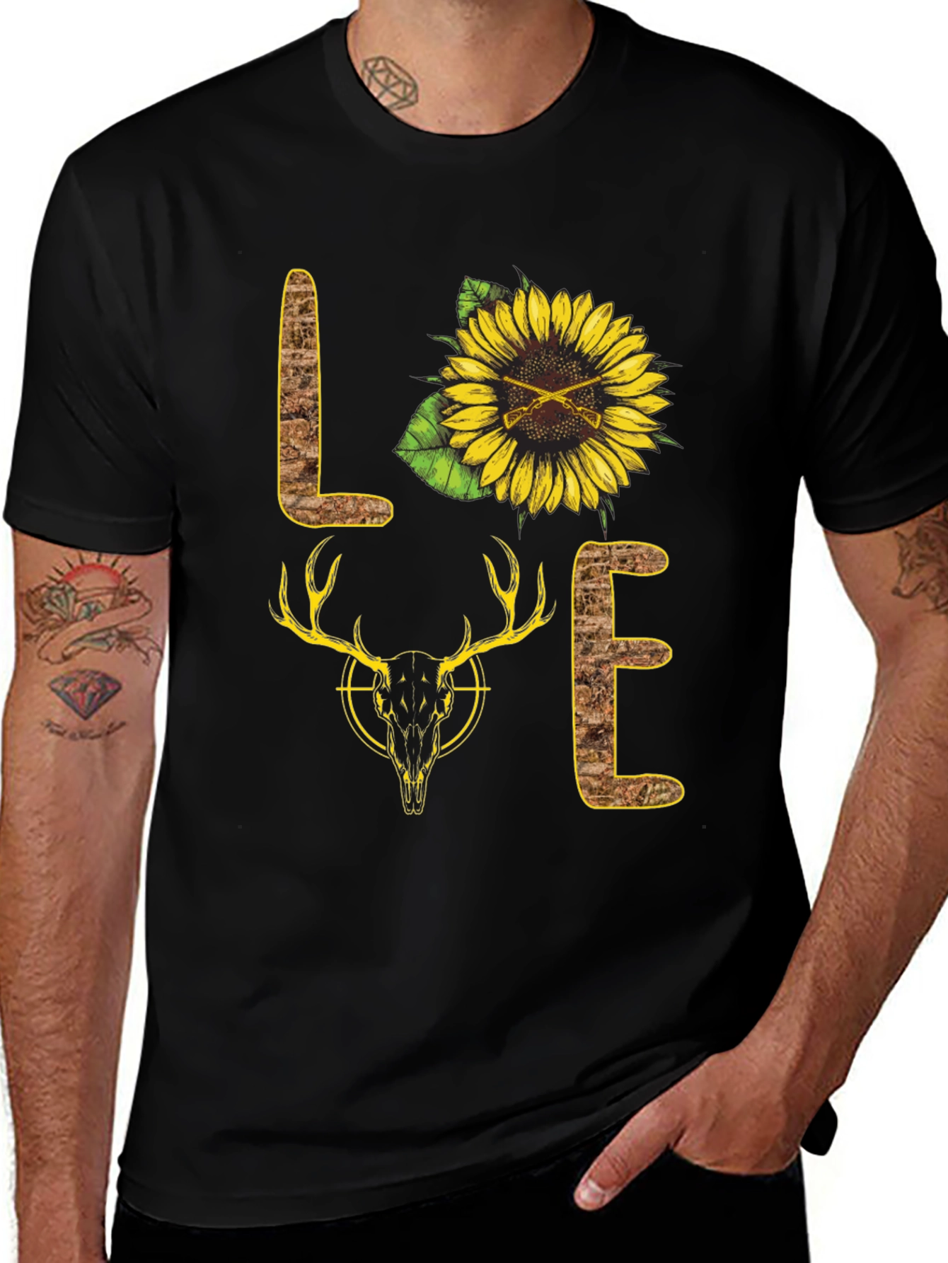 Variant 6 of Hunting Lover Graphic Tee - Sunflower, Deer Skull, Camo Letters
