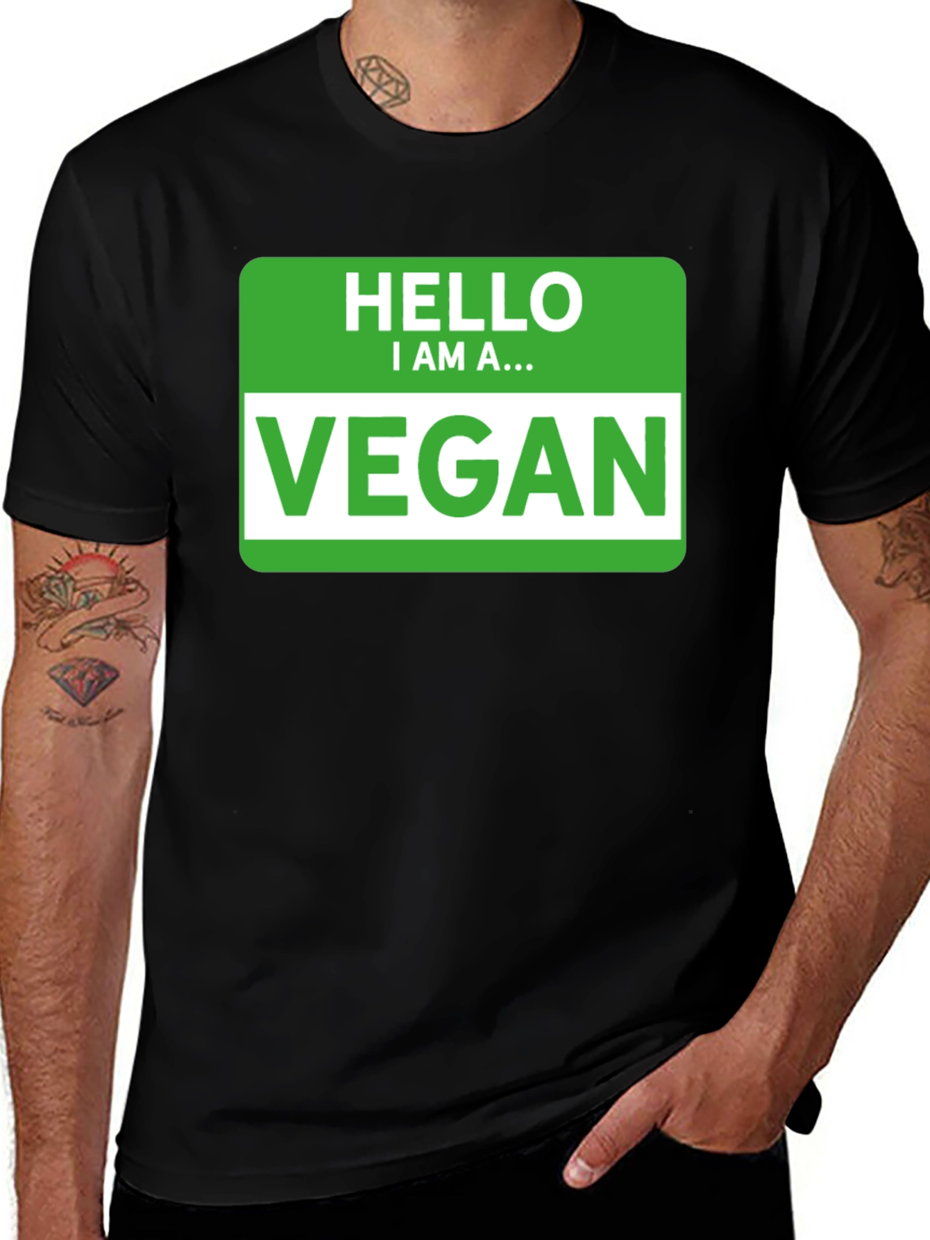 Variant 14 of Hello I Am A Vegan T-Shirt - Black Crew Neck Tee