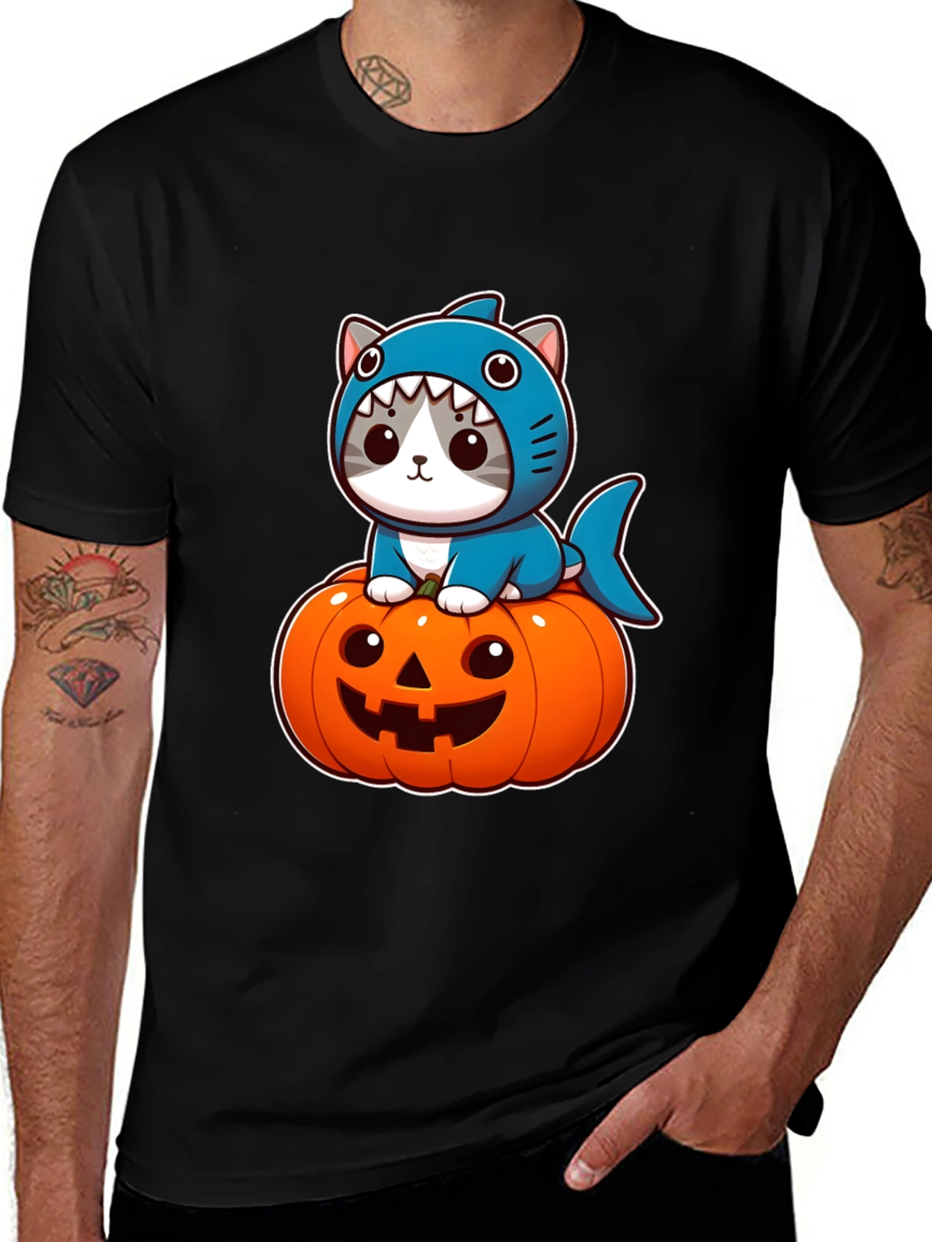Shark Cat Pumpkin Halloween T-Shirt