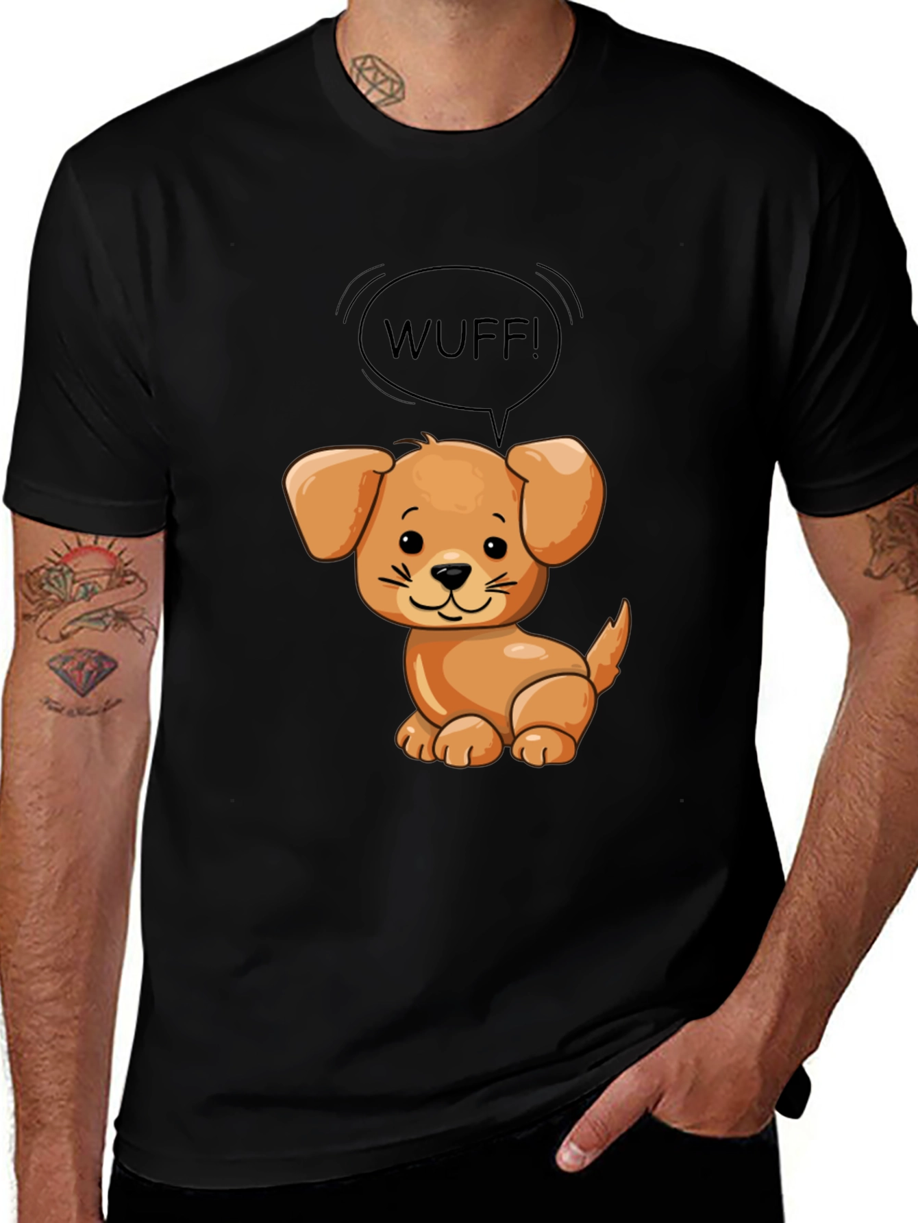 Variant 22 of Cute Dog 'WUFF!' Graphic Black T-Shirt