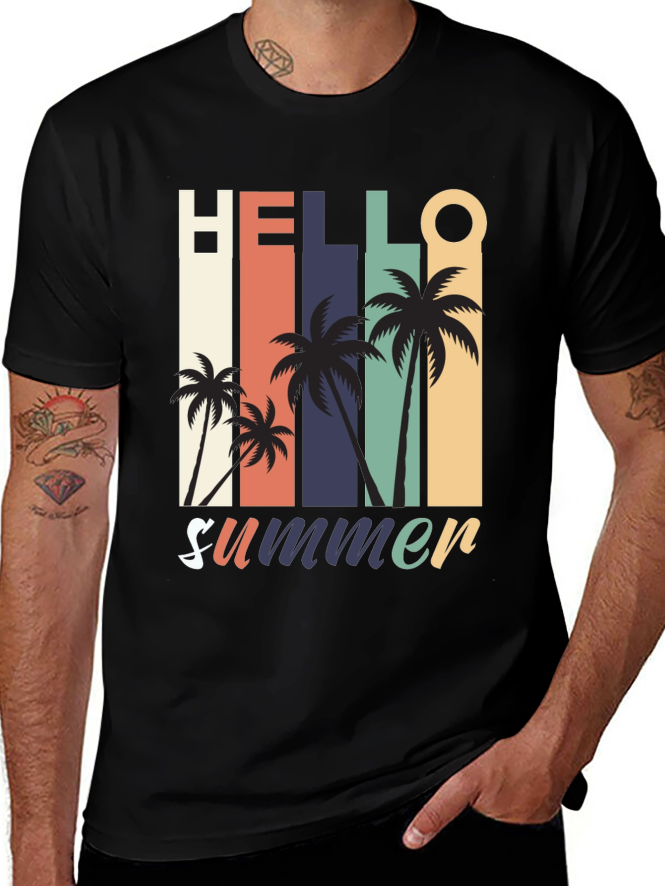 Hello Summer Graphic Tee - Retro Palm Tree Design