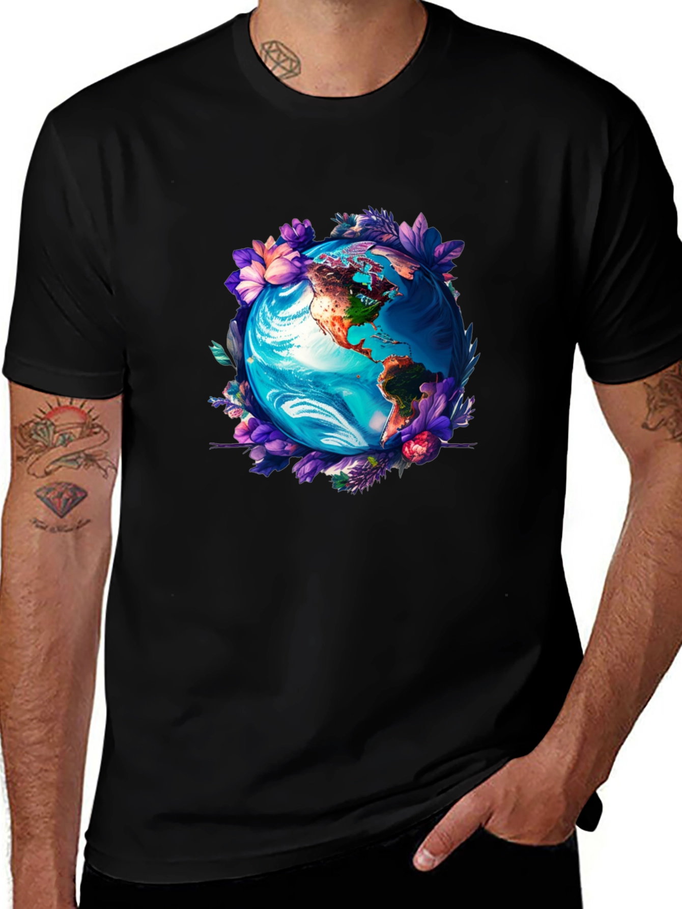 Earth Globe Floral Graphic Tee - Black T-Shirt