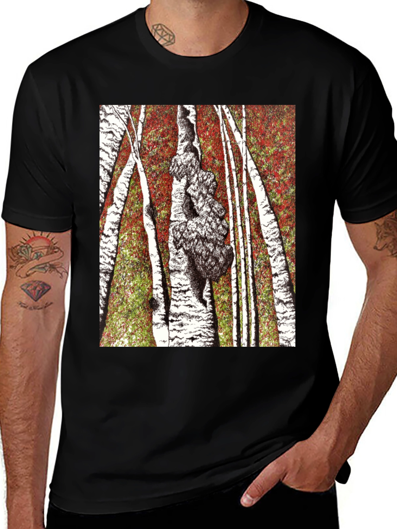 Variant 7 of Birch Forest Print Black T-Shirt