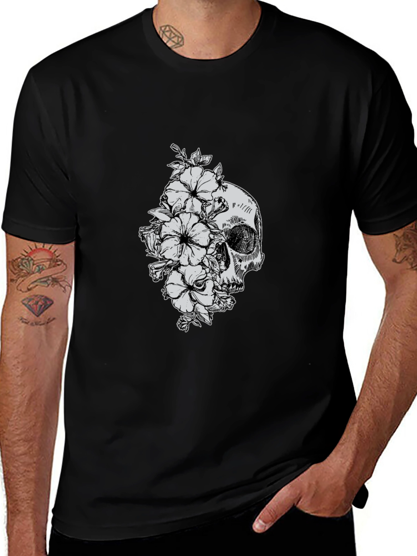 Variant 12 of Skull and Flowers Graphic T-Shirt