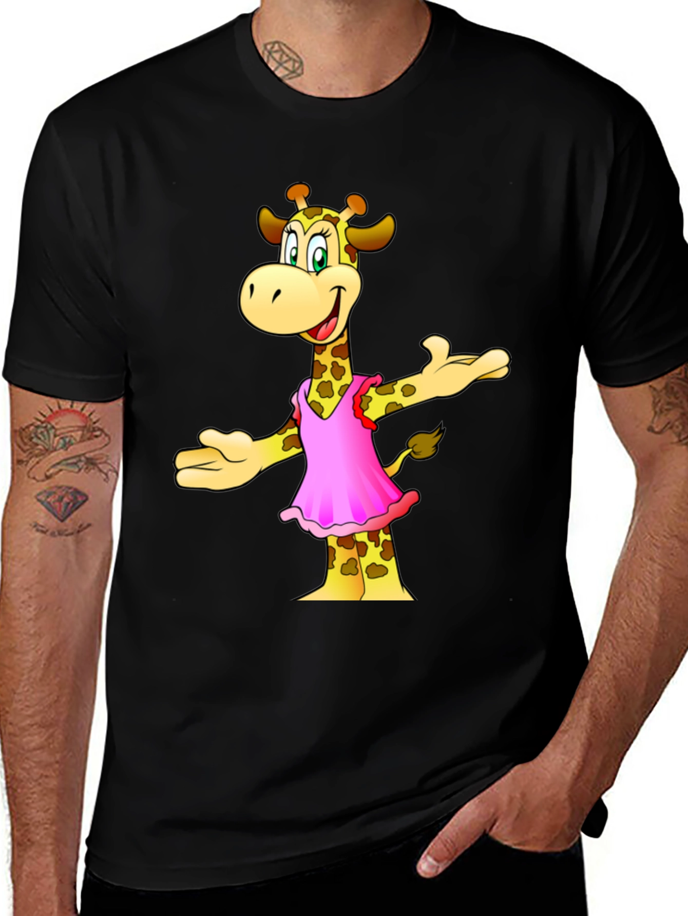 Variant 23 of Giraffe Cartoon Graphic Black T-Shirt