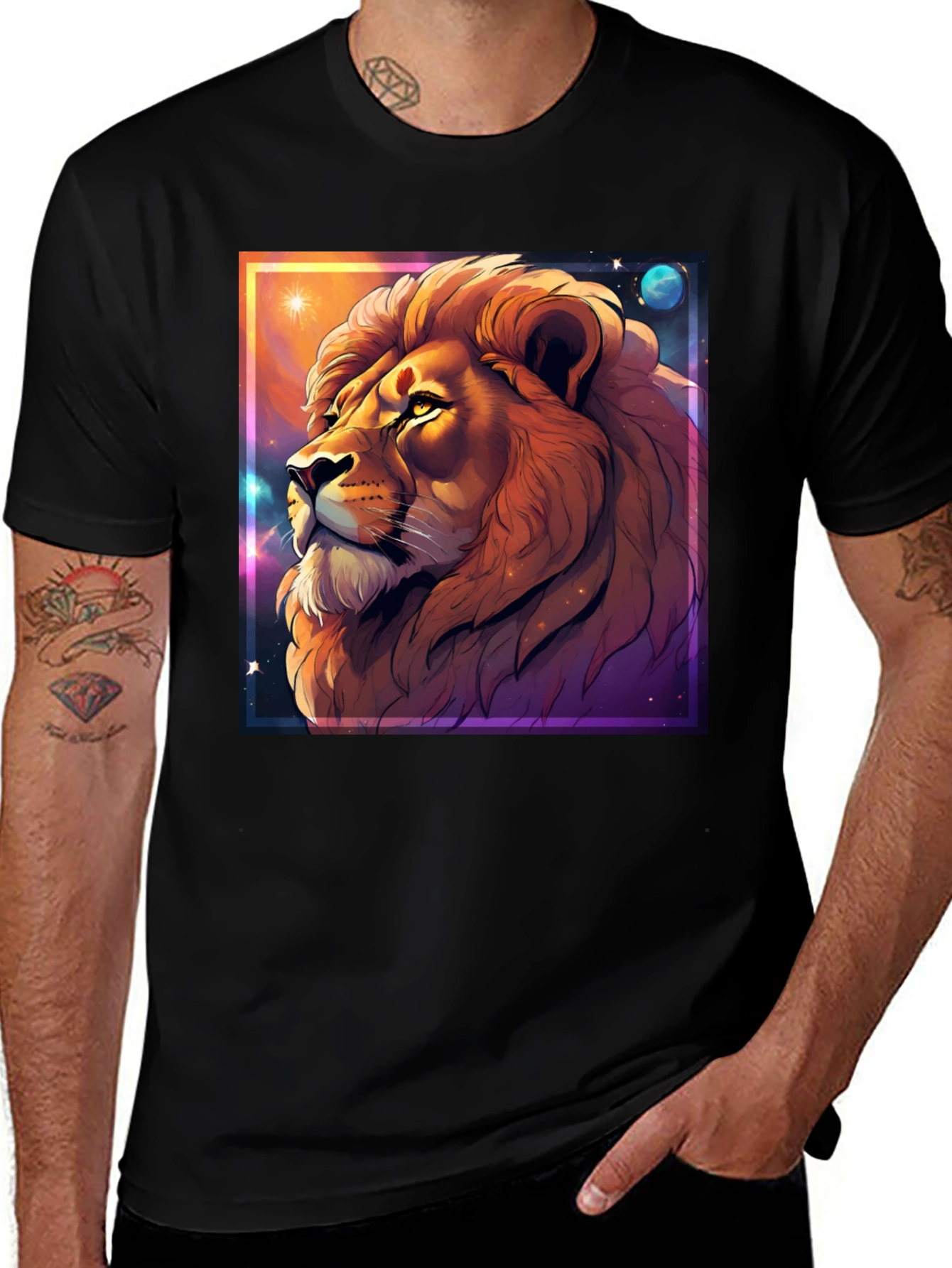 Variant 5 of Lion Galaxy Graphic T-Shirt - Unisex Black Tee