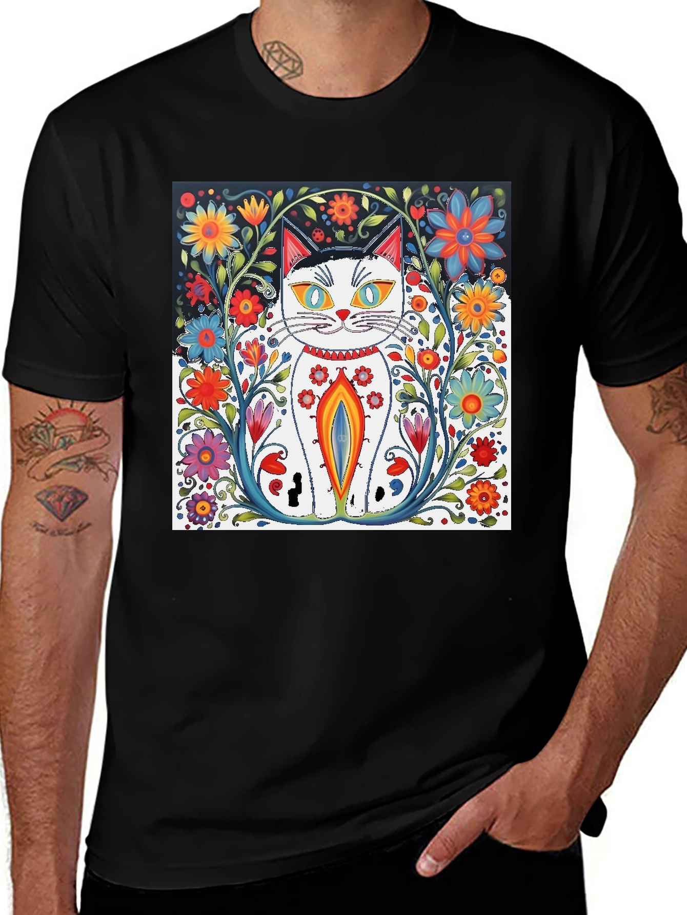 Variant 22 of Floral Cat Art Black T-Shirt