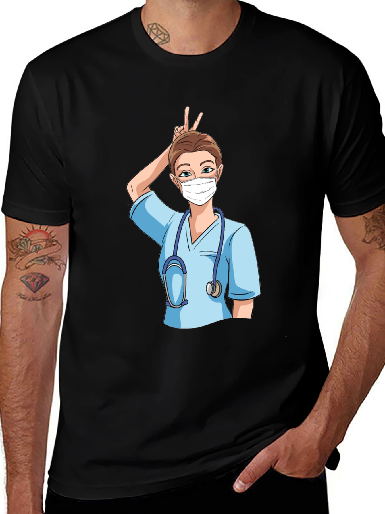 Variant 29 of Nurse Cartoon Graphic Tee - Black Cotton Blend Casual Wear
