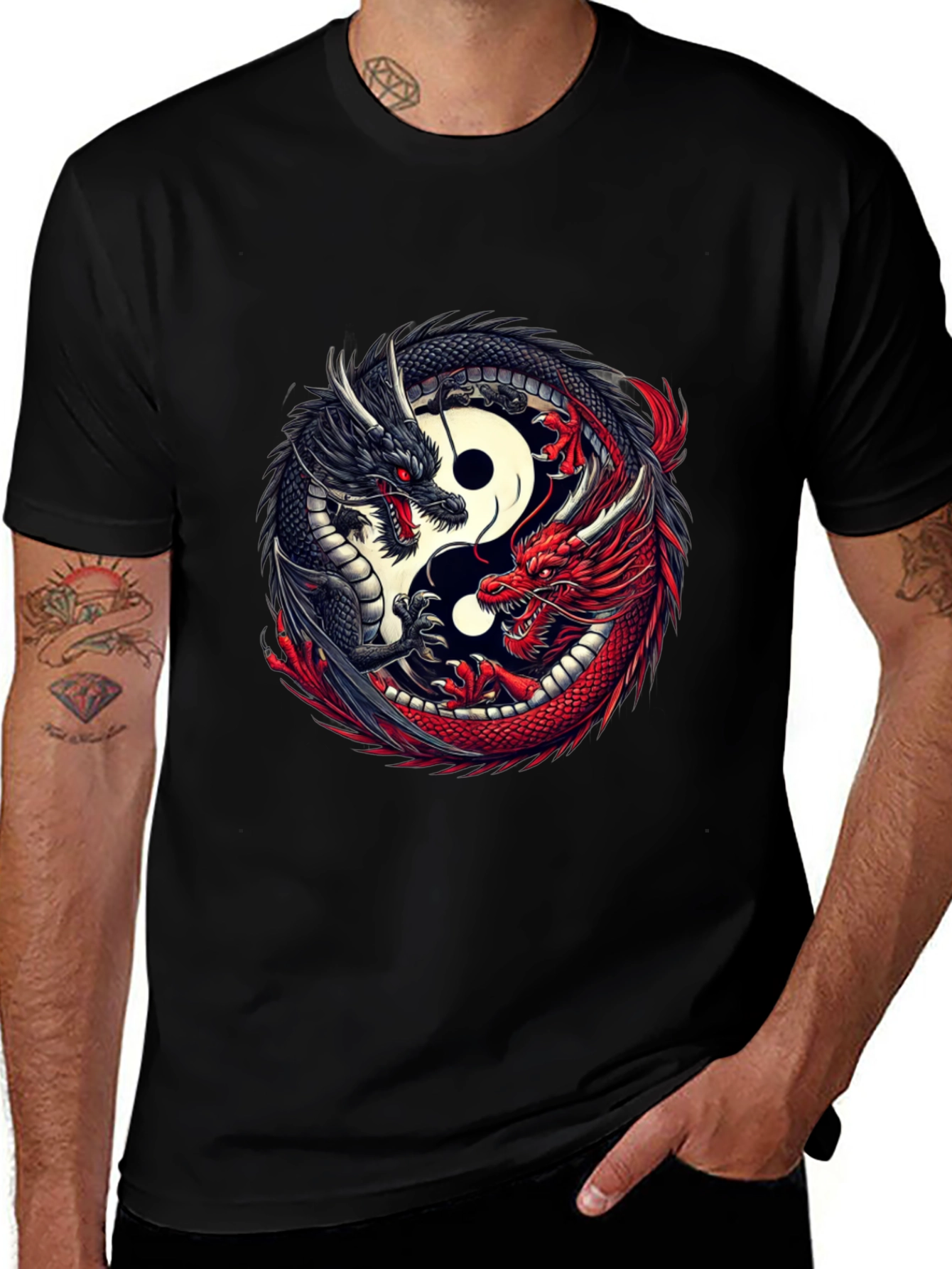 Yin Yang Dragon Graphic T-Shirt - Black