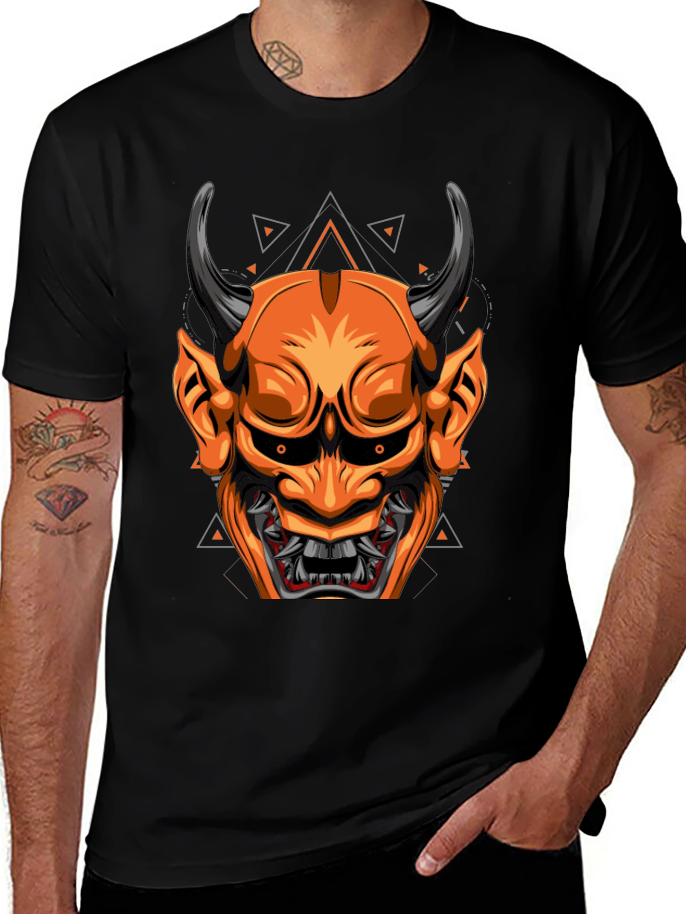 Variant 23 of Samurai Oni Mask Graphic Tee - Black Cotton Shirt