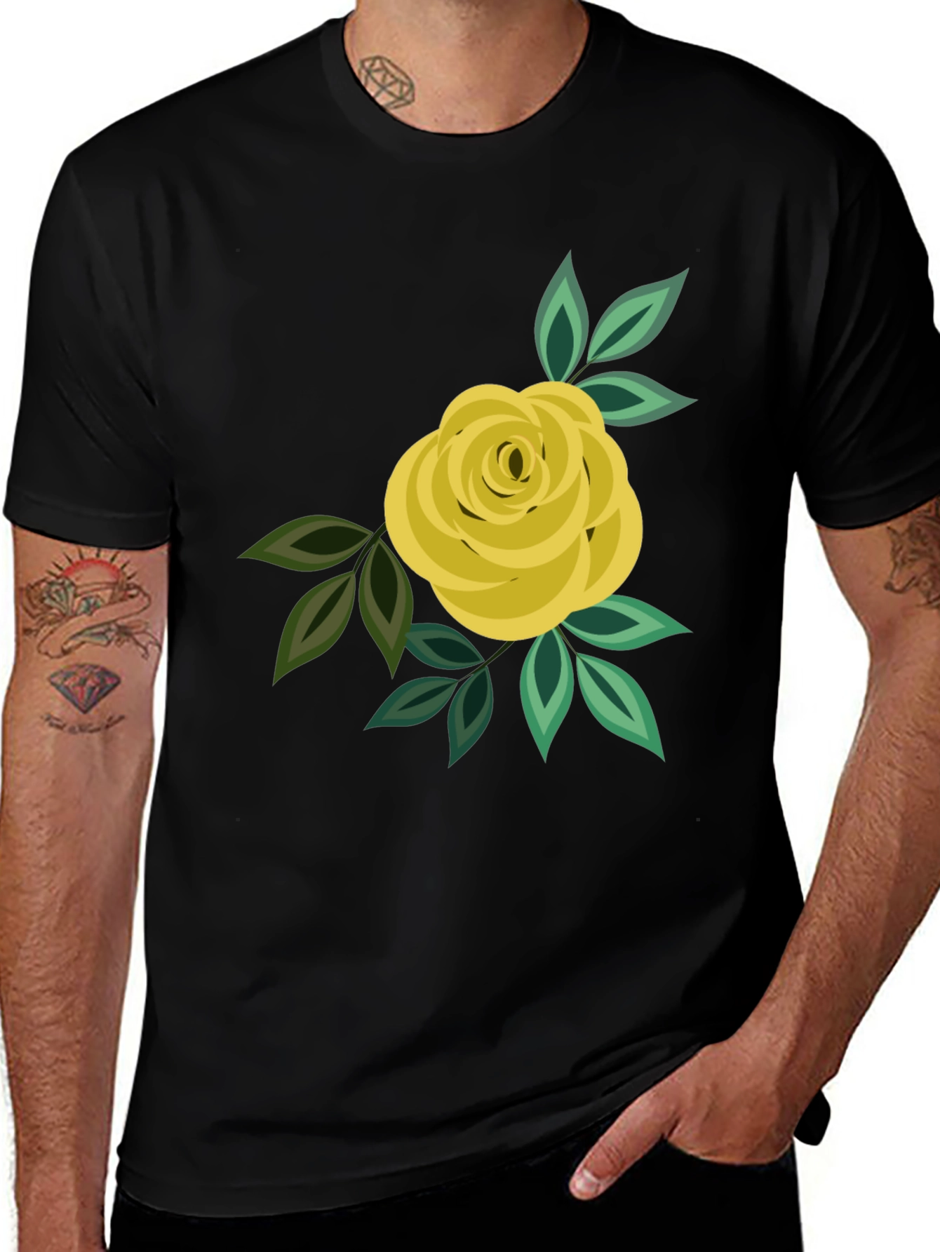 Variant 9 of Floral Rose Graphic Tee - Black Cotton Casual