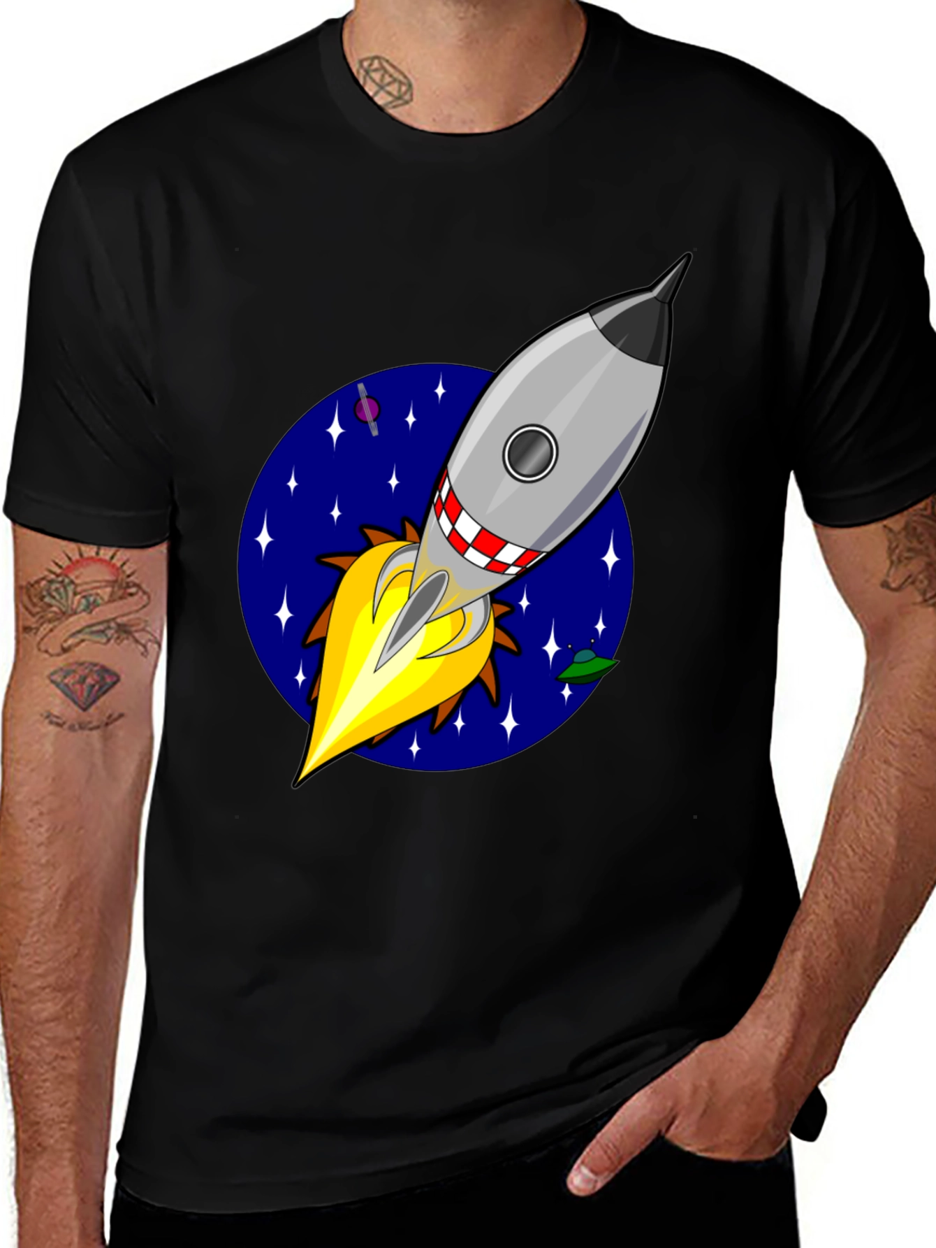 Variant 3 of Rocket in Space Graphic Tee - Black Cotton T-Shirt