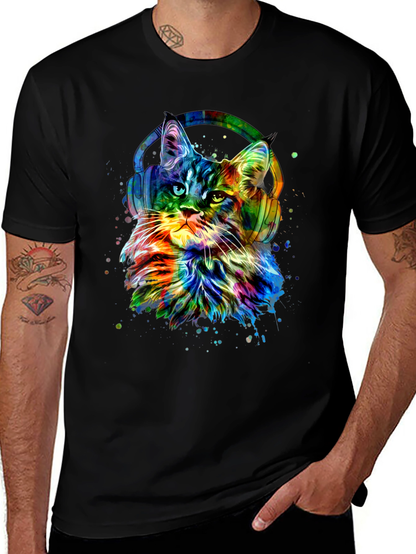 Variant 3 of Colorful Cat with Headphones Graphic Tee