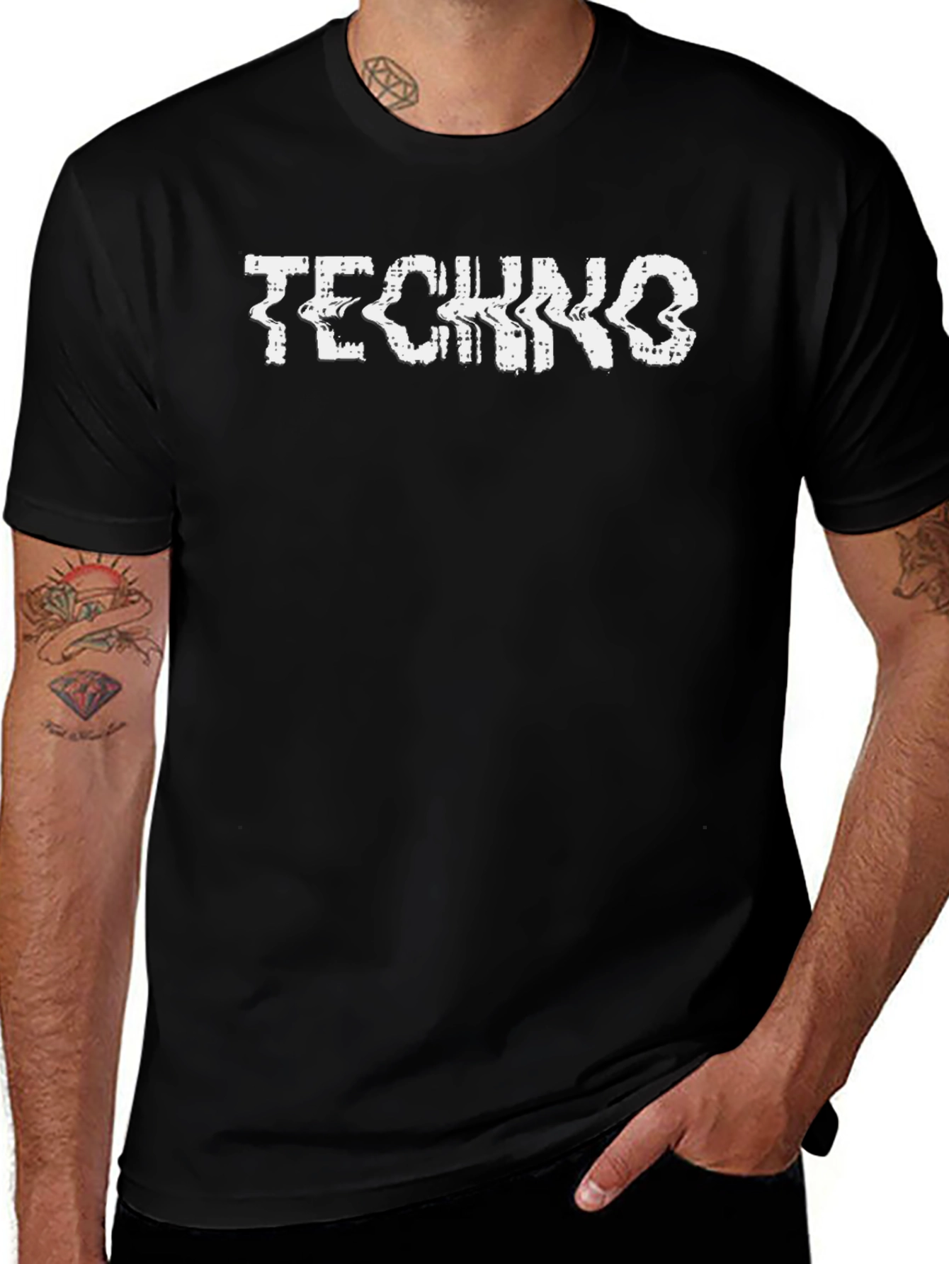 Techno Glitch Graphic Tee - Black Cotton T-Shirt