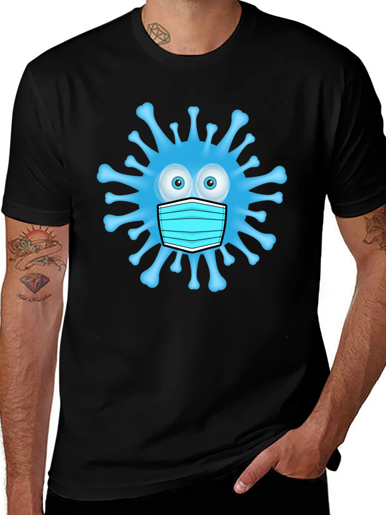 Black Cartoon Virus With Mask Men's Black T-Shirt main image
