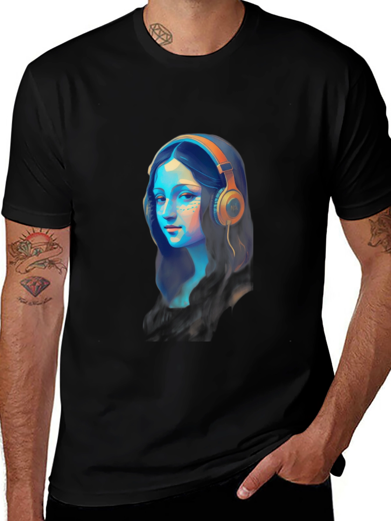 Variant 8 of Mona Lisa Headphones Graphic Black T-Shirt
