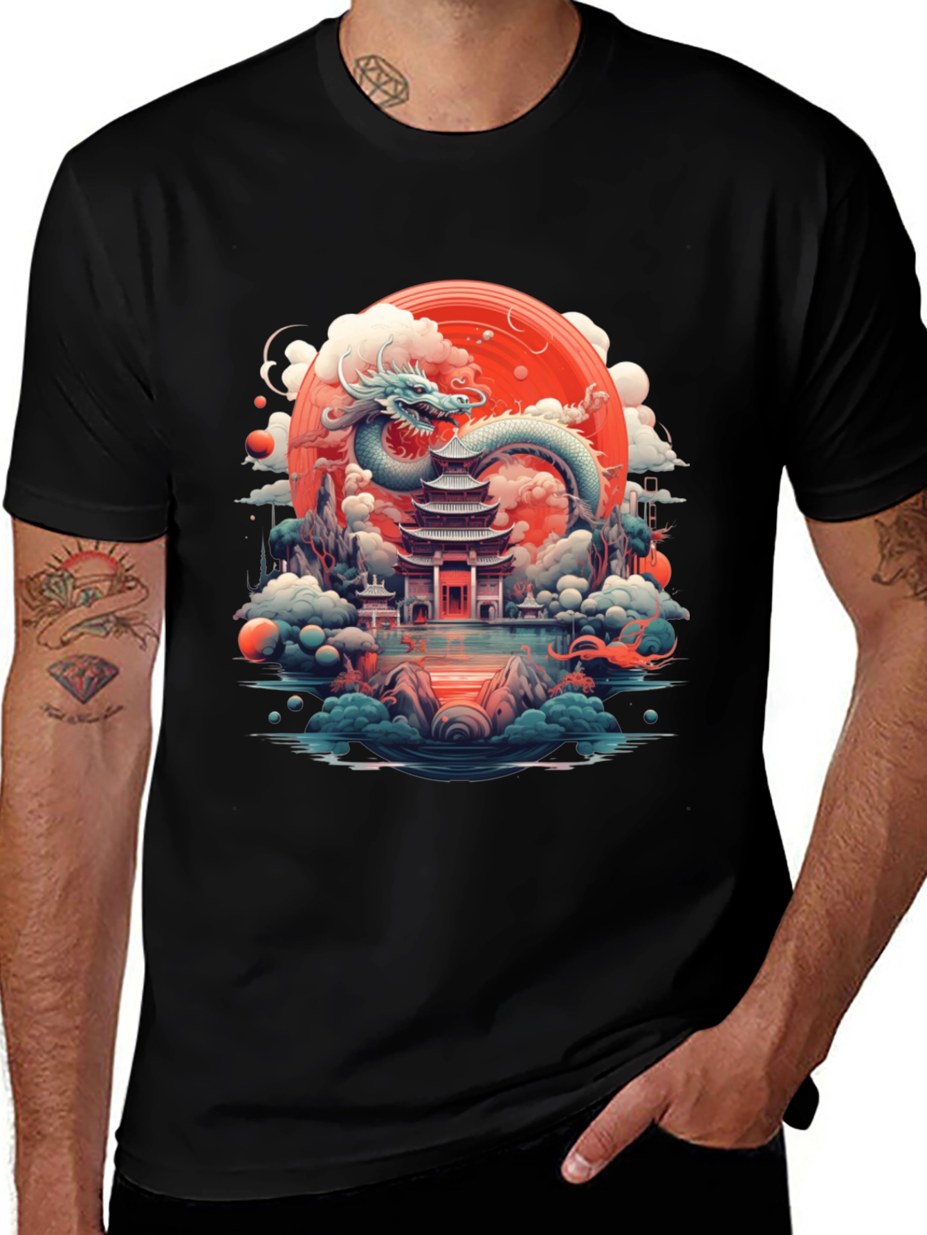 Variant 26 of Dragon & Pagoda Graphic Tee - Black