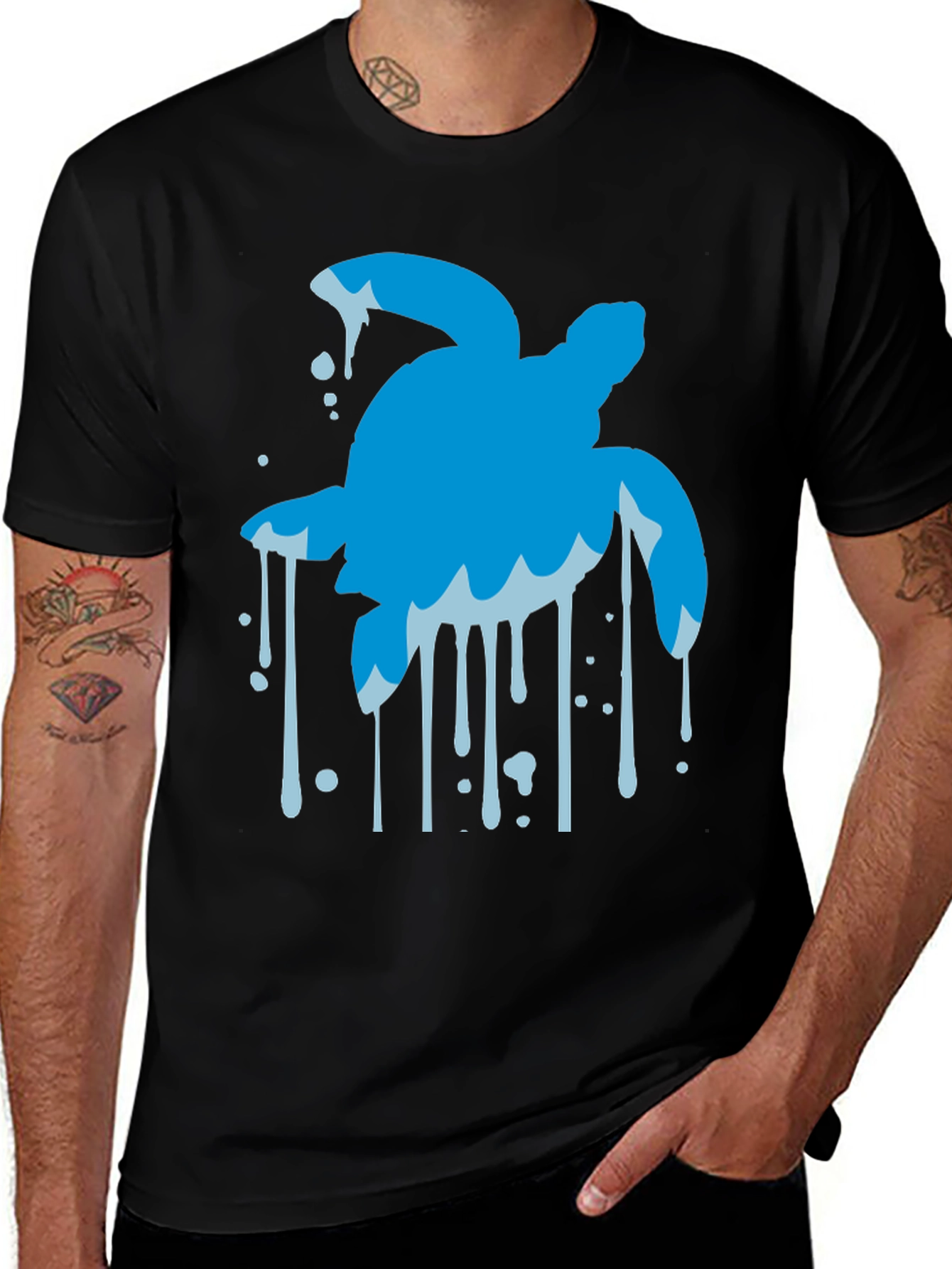 Variant 23 of Blue Sea Turtle Graphic Tee - Black Cotton Blend Shirt