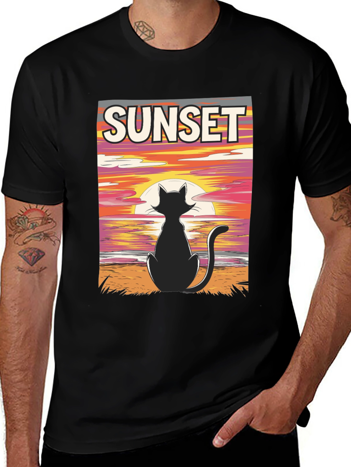 Variant 9 of Sunset Cat Graphic Tee - Stylish Black T-Shirt