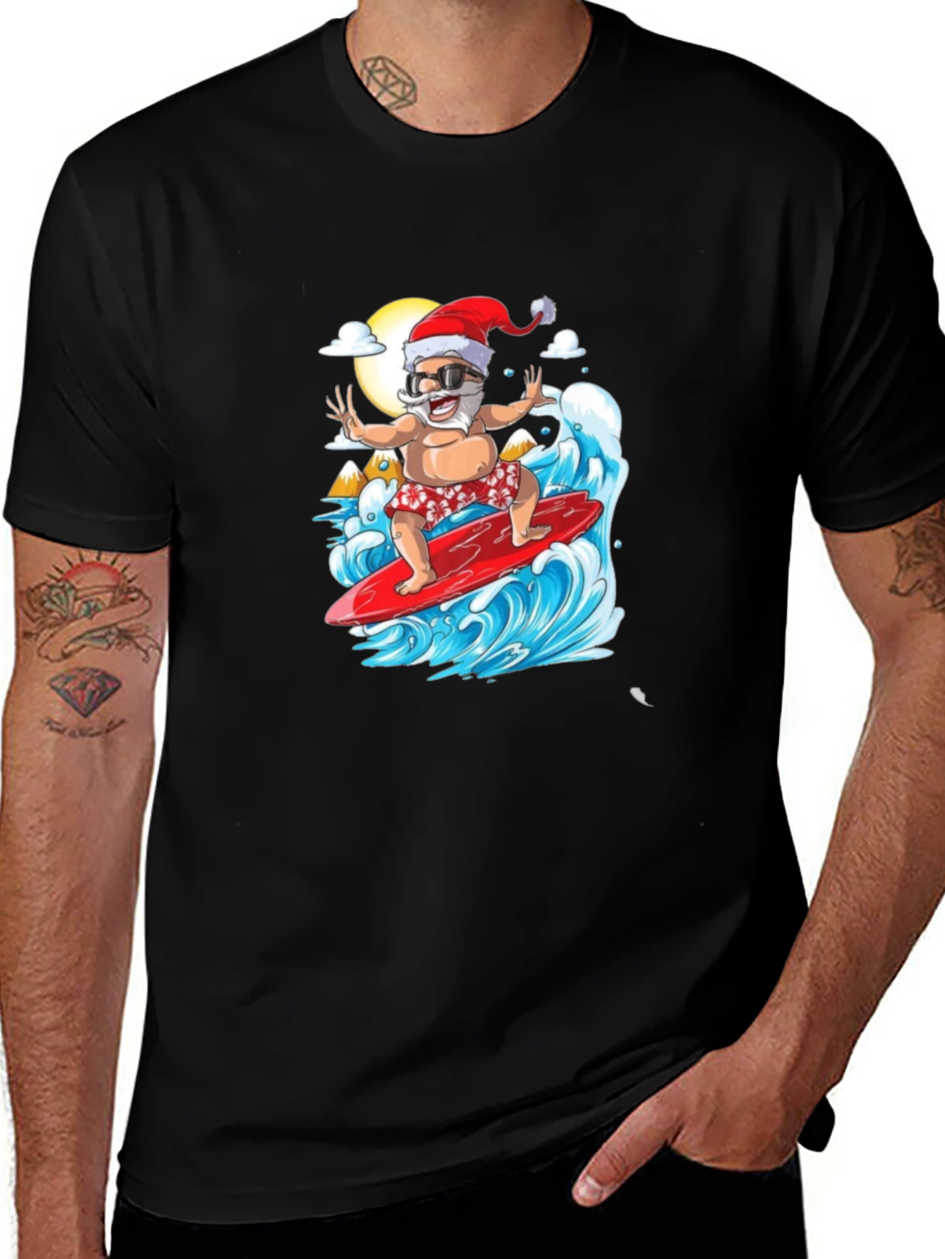 Surfing Santa Black Graphic Tee