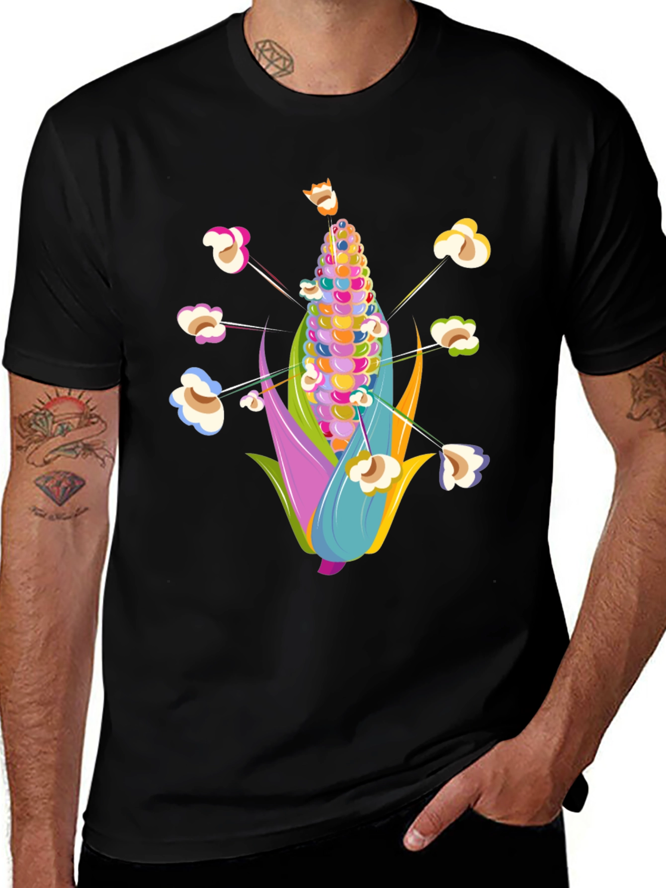 Colorful Corn & Popcorn Graphic Tee - Unisex Black T-Shirt