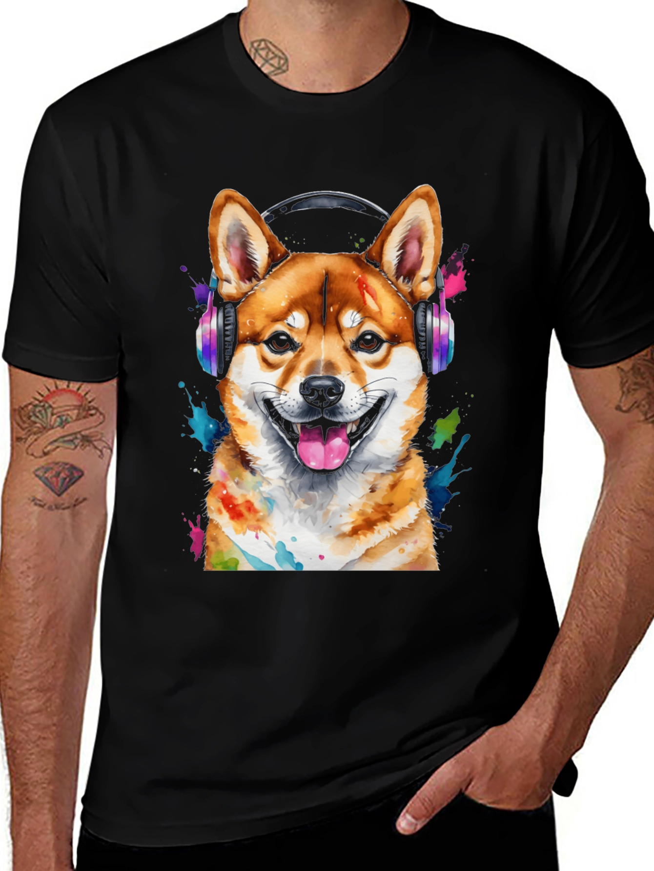 Variant 25 of Dog with Headphones Graphic Tee - Shiba Inu Design