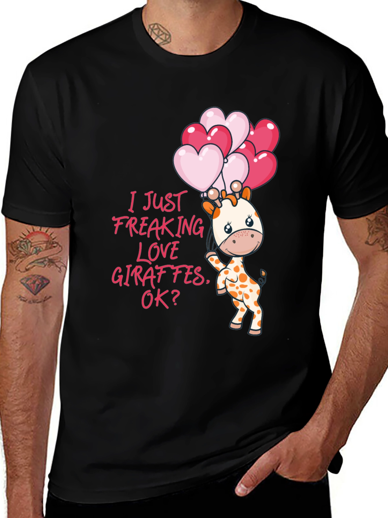 Black Cute Giraffe & Heart Balloons Graphic Tee main image
