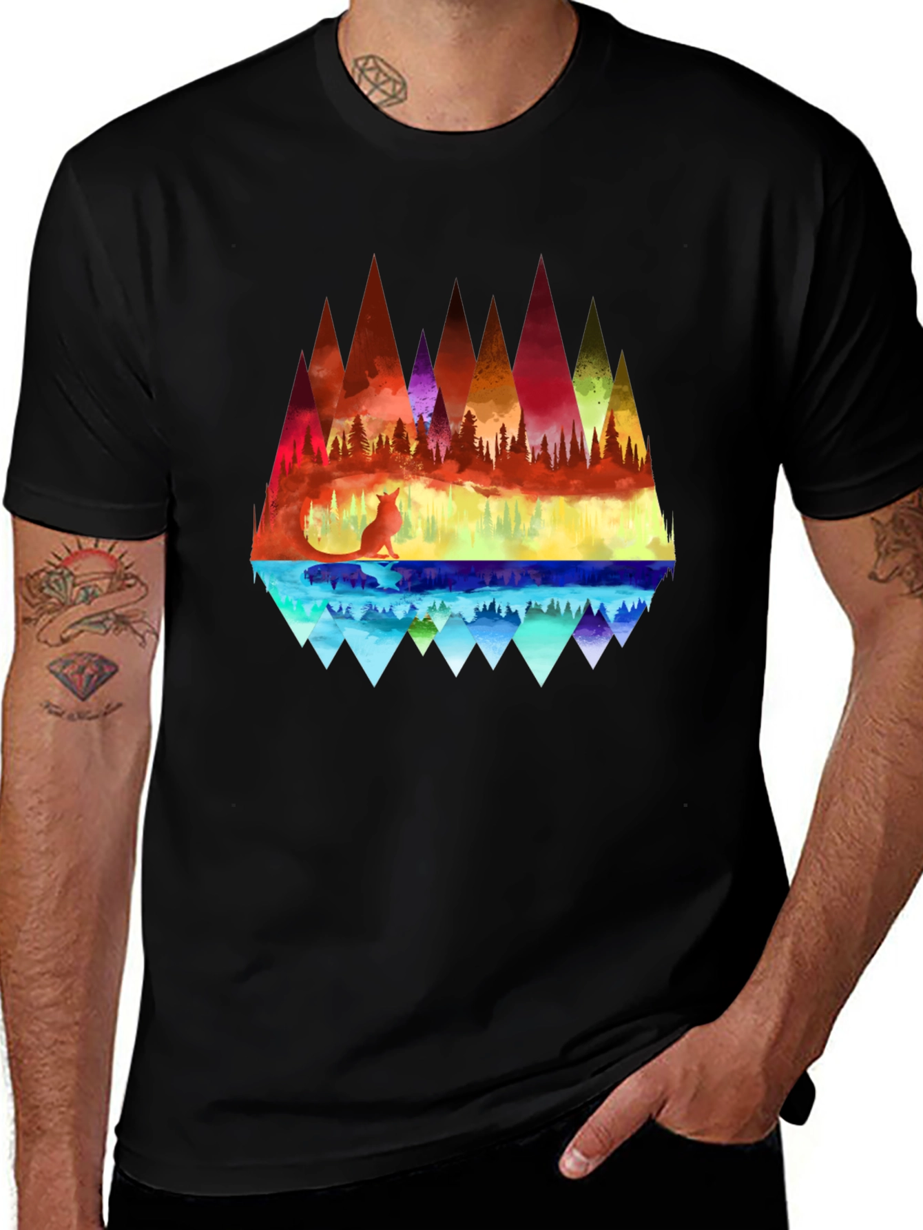 Variant 9 of Vibrant Fox & Geometric Mountain Black T-Shirt