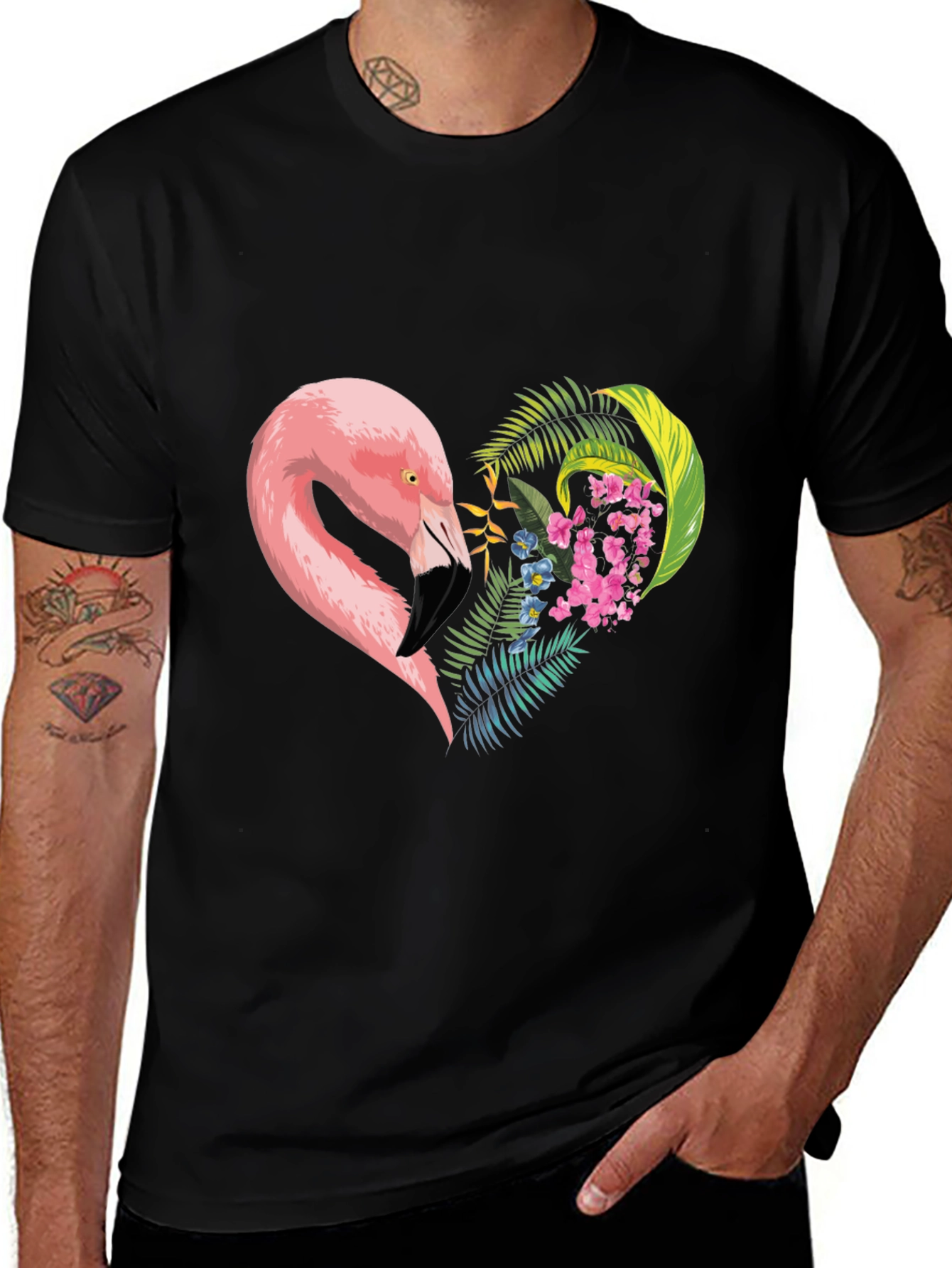 Flamingo Heart Graphic Tee - Black