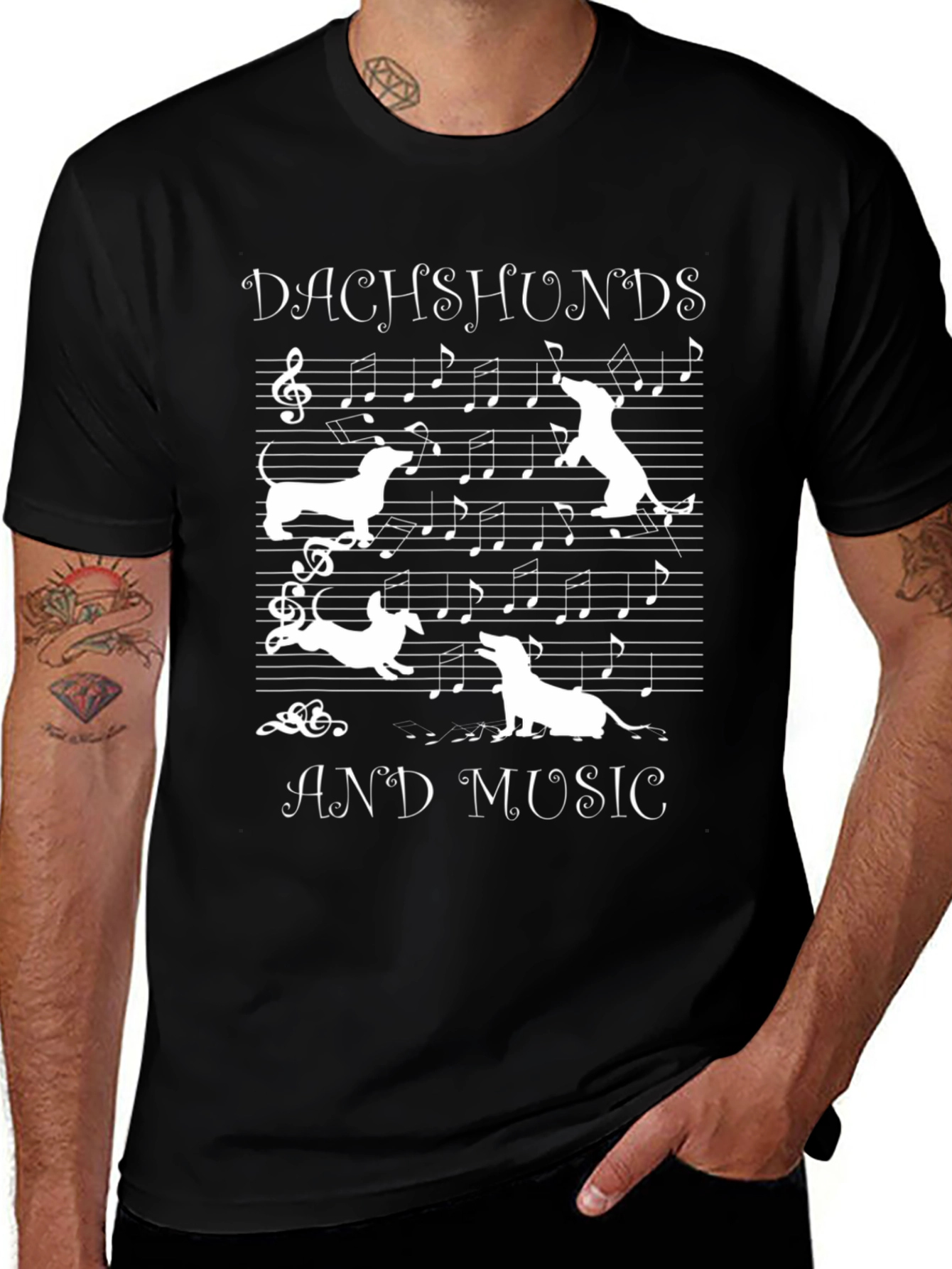 Variant 25 of Dachshunds and Music Graphic Tee - Black