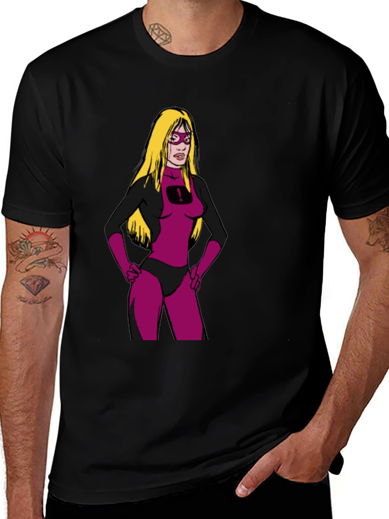 Black Cartoon Superheroine on Black T-Shirt main image
