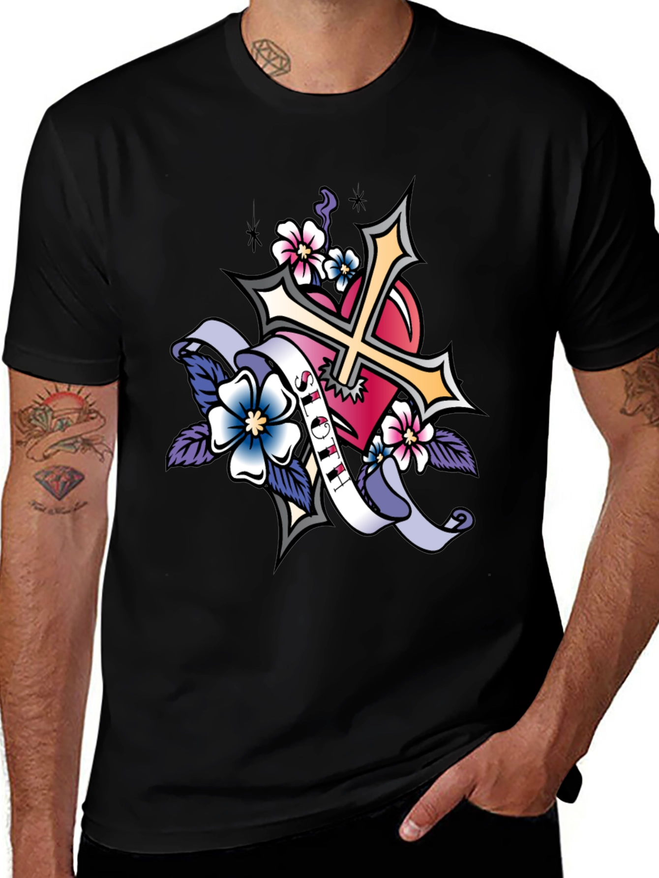 Cross Heart Tattoo Style Graphic Tee - Black