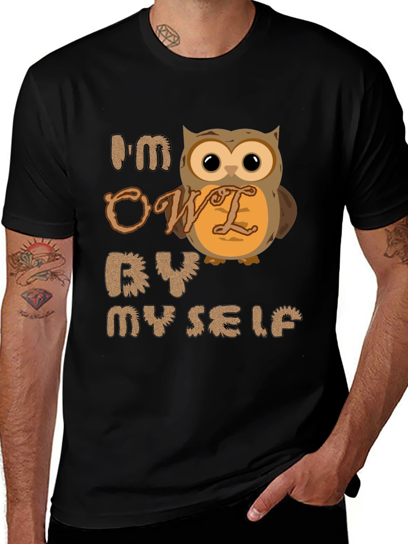 Black I'm Owl By Myself T-Shirt - Funny Novelty Tee main image