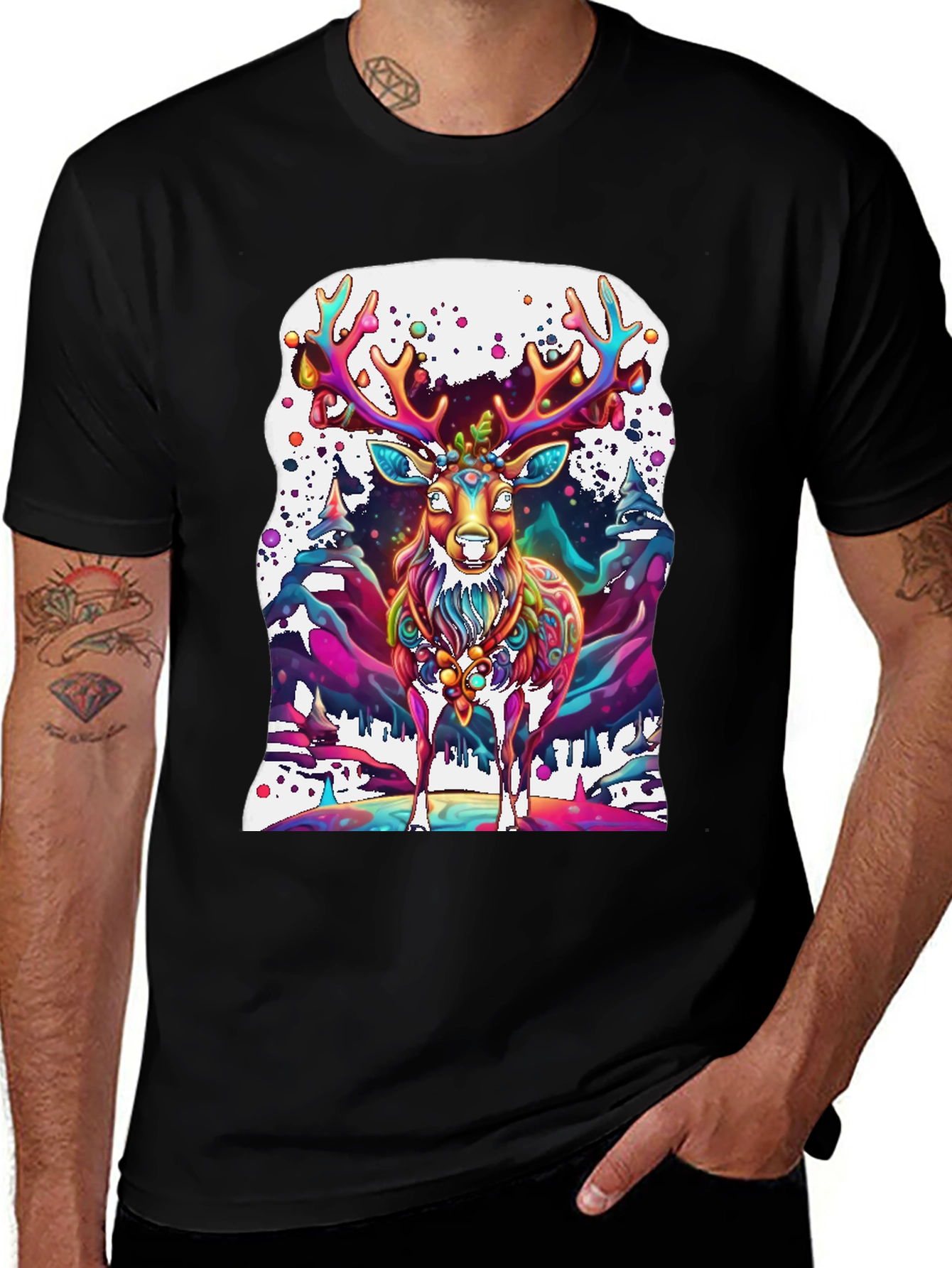 Black Psychedelic Deer Graphic Tee - Vivid Colorful Print main image