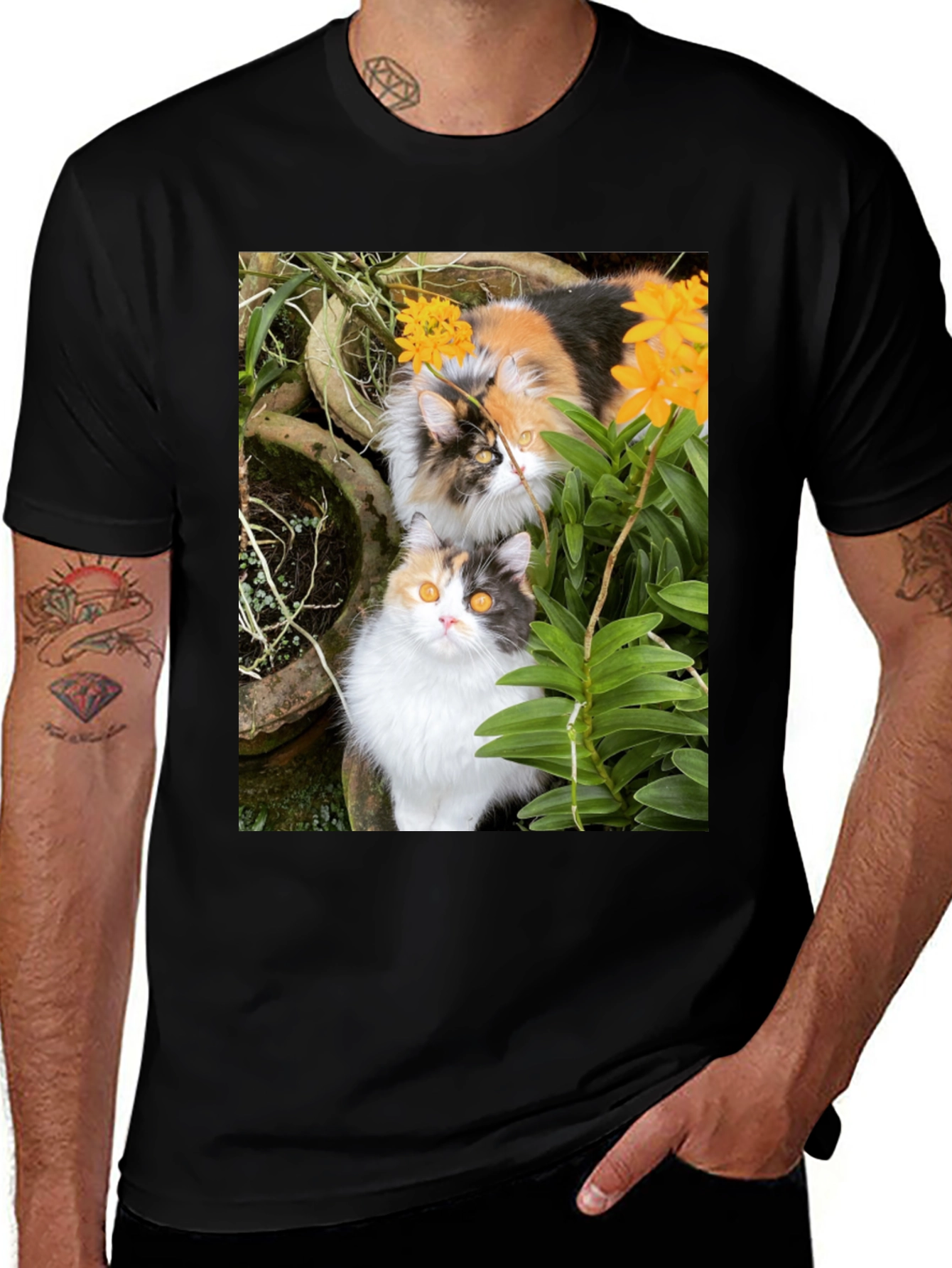 Variant 3 of Cat Flower Garden Graphic Tee - Unisex Black T-Shirt
