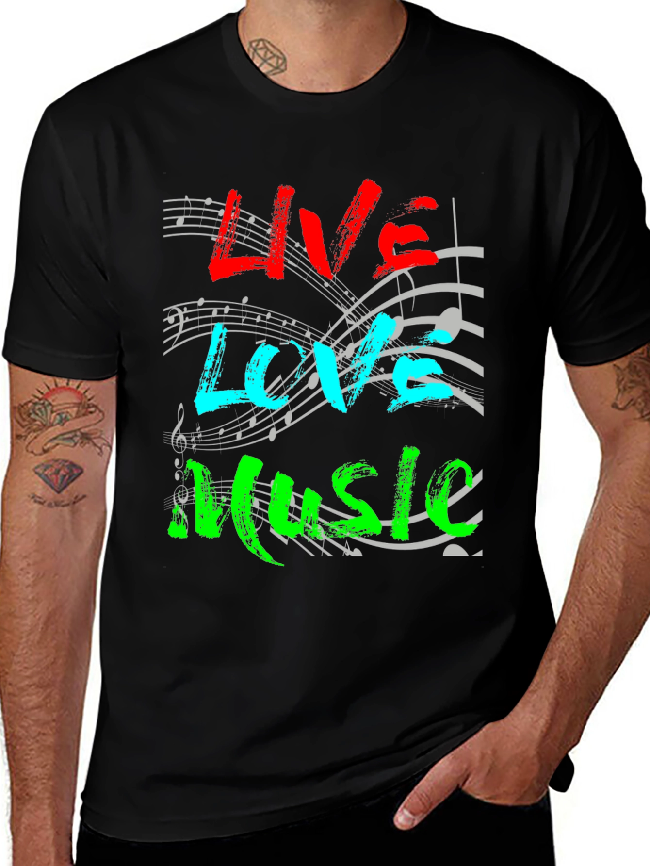 Variant 8 of Live, Love, Music Graphic Tee - Trendy Black T-Shirt