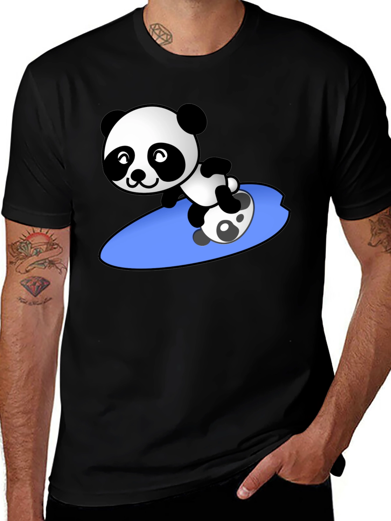 Variant 8 of Surfing Panda Graphic Tee - Black Crew Neck