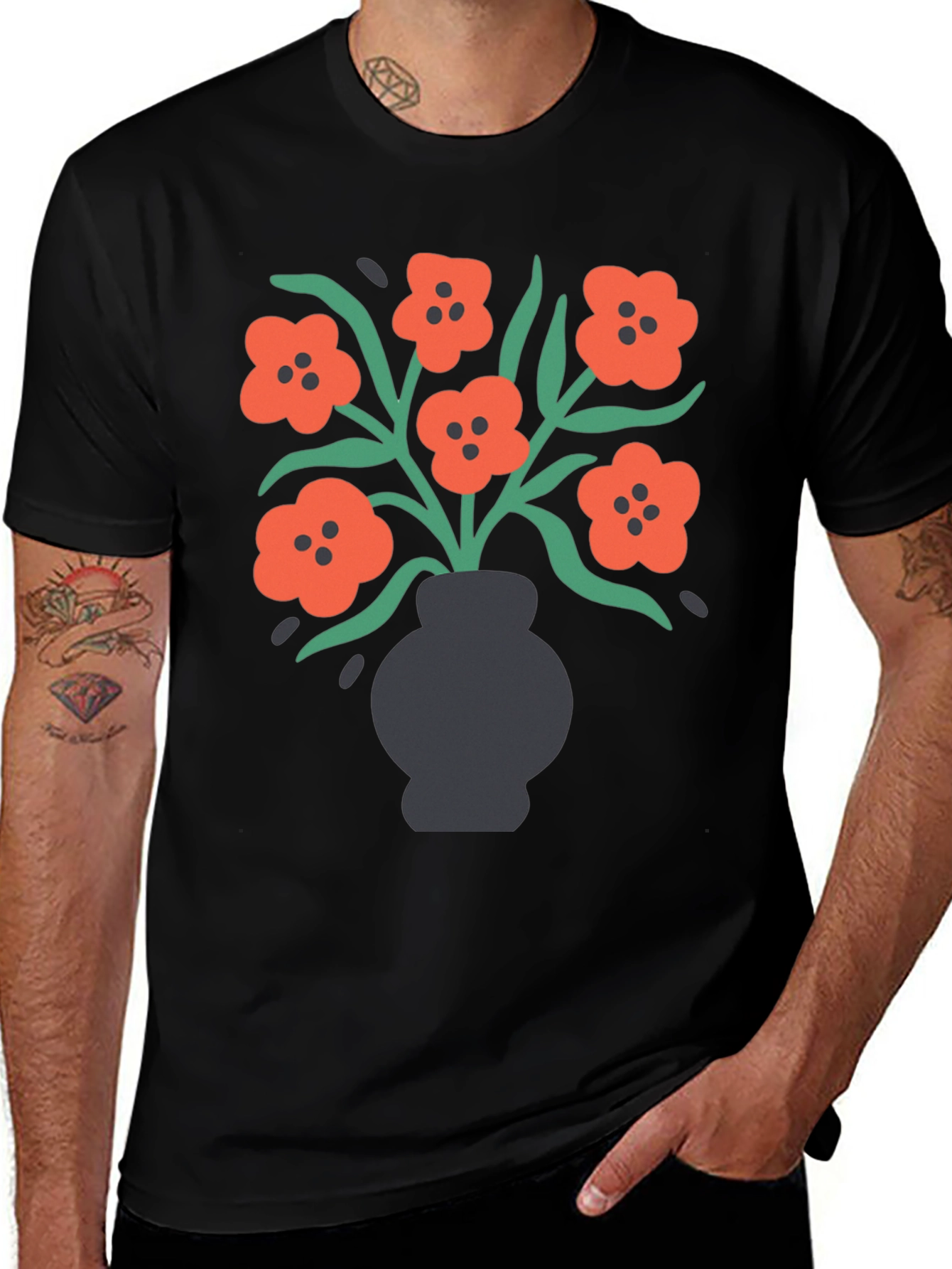 Floral Vase Graphic Tee - Black Cotton Blend T-Shirt