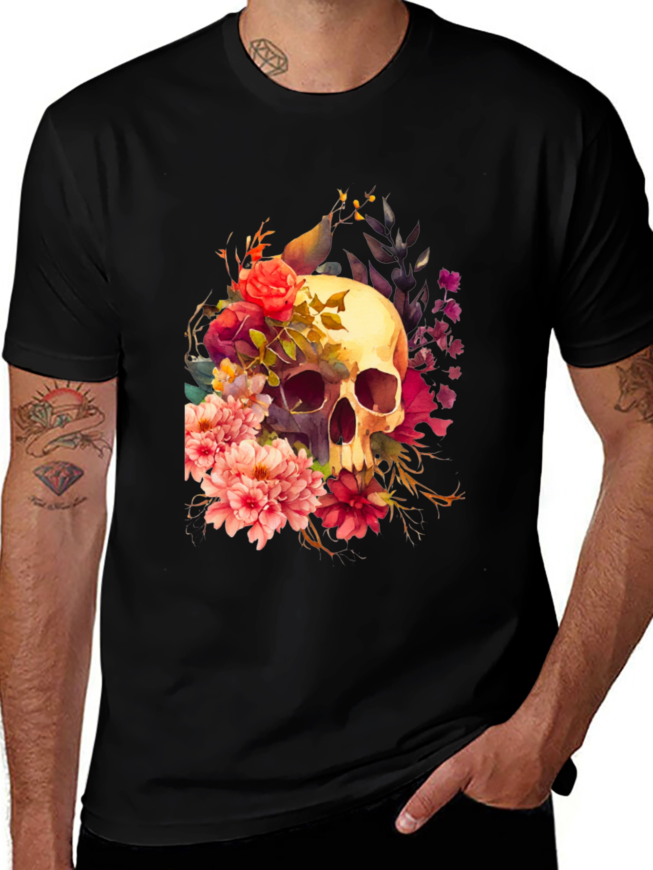 Variant 9 of Floral Skull Graphic Tee - Black