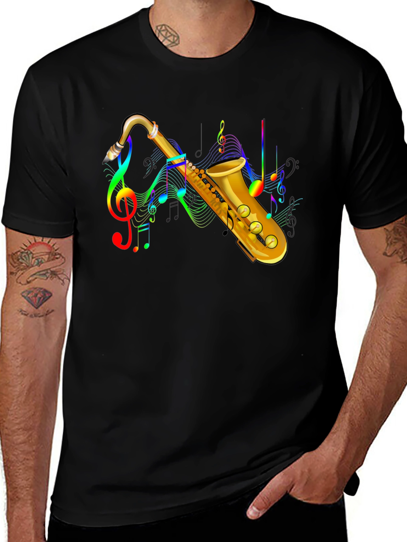 Variant 21 of Saxophone Music Note Graphic Tee - Stylish Unisex Black T-Shirt