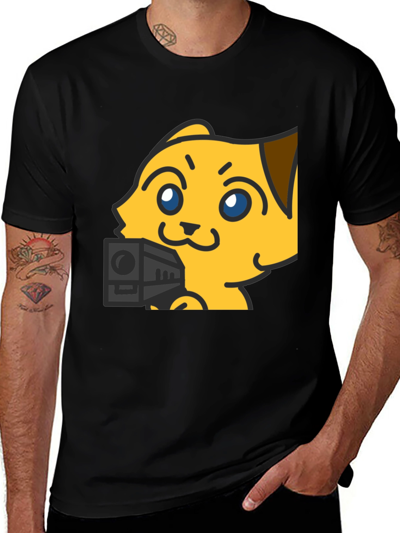 Cartoon Cat Graphic Tee - Black Cotton Blend