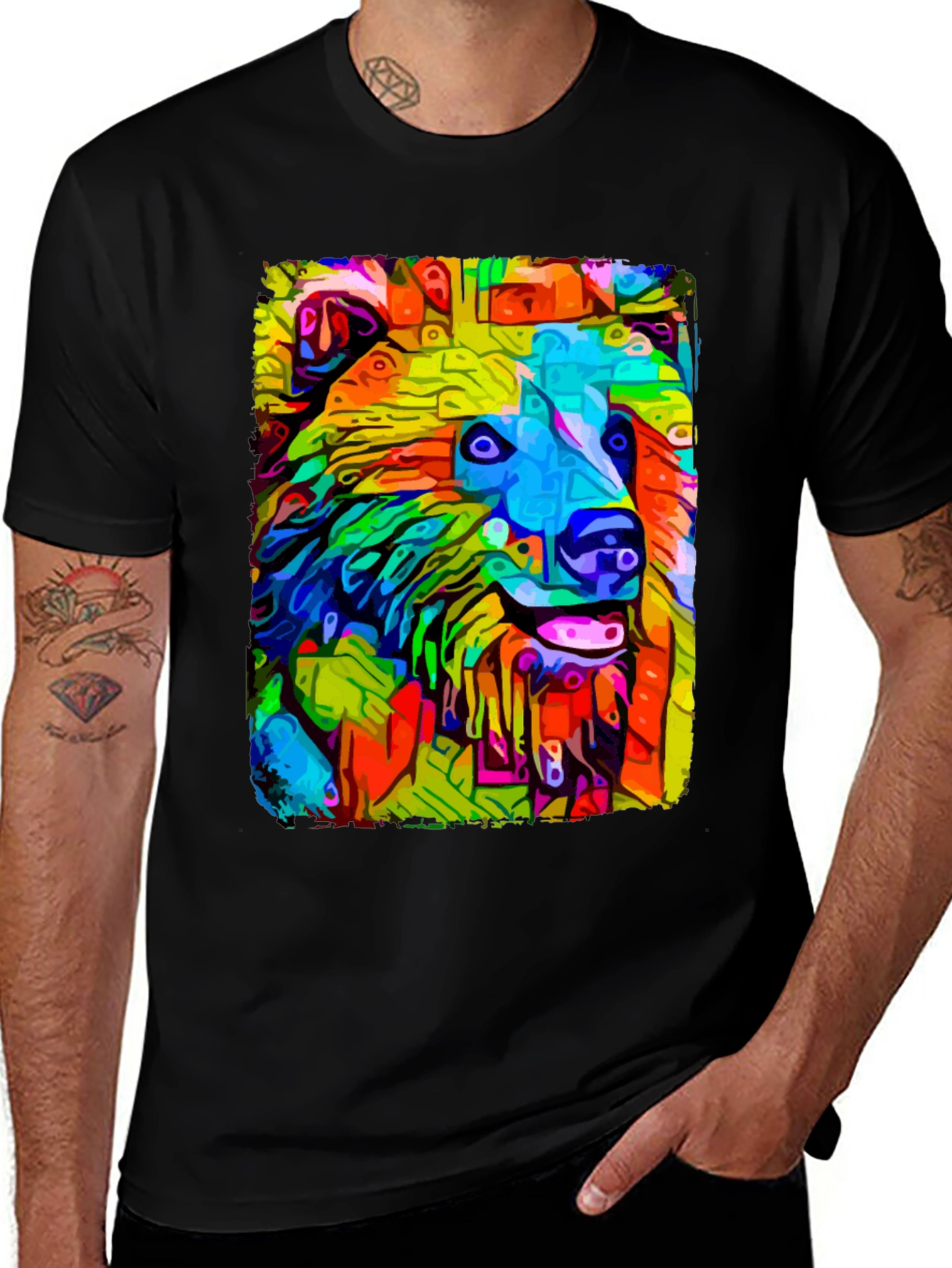 Variant 7 of Abstract Dog Graphic Tee - Men's Casual Black T-Shirt