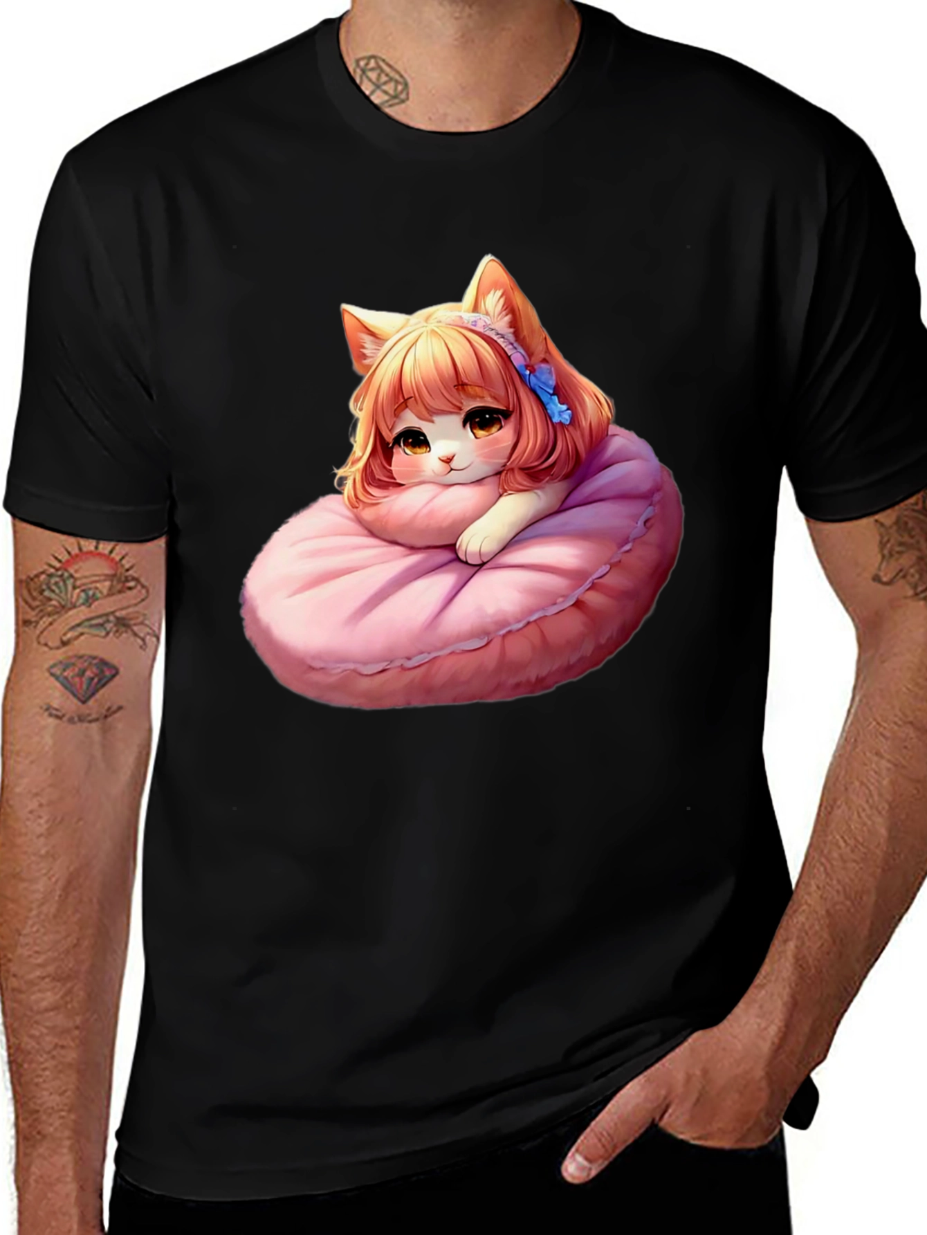Variant 27 of Cute Anime Cat Girl on Pink Cushion Black T-Shirt